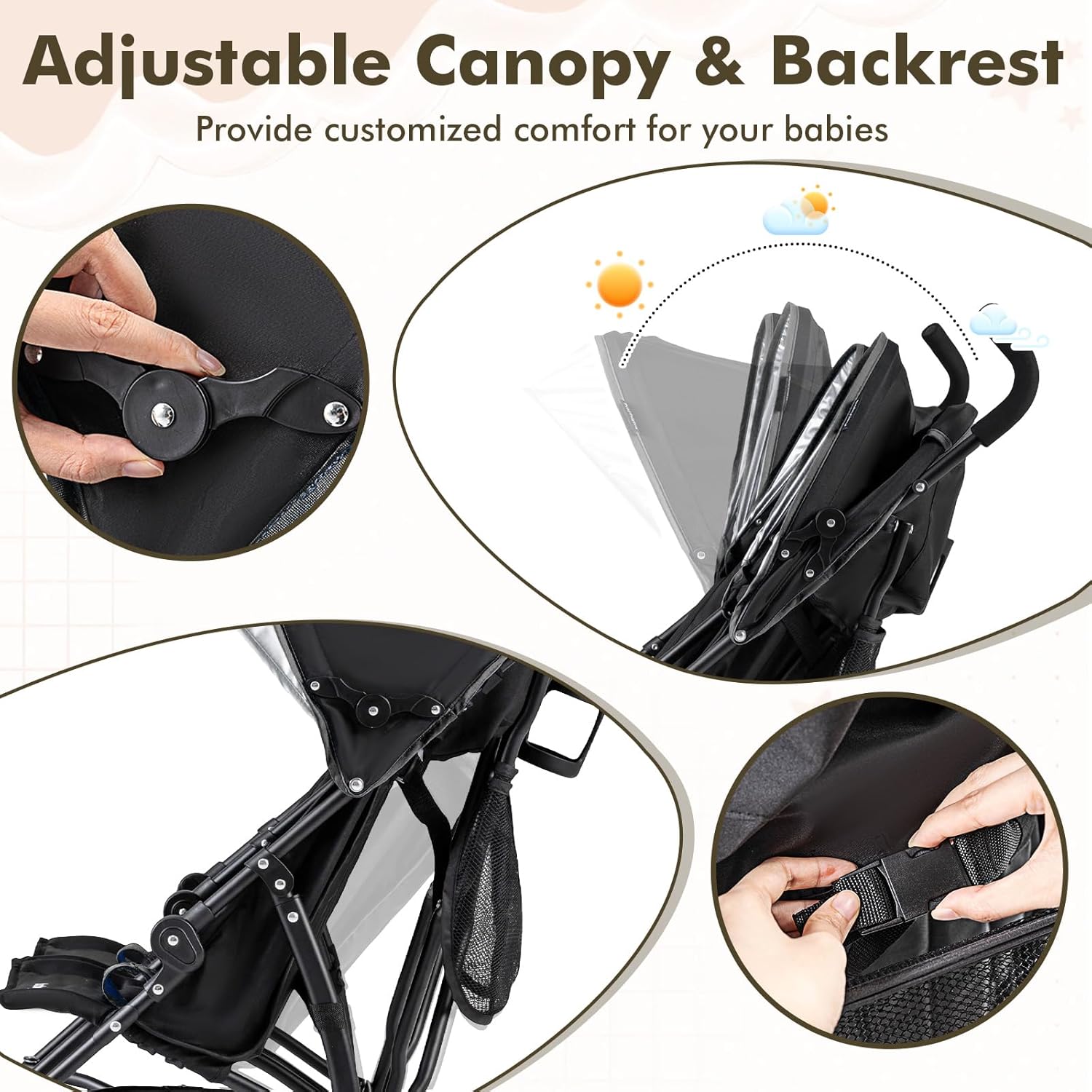 BABY JOY Double Umbrella Stroller, Lightweight Travel Side by Side Twin Stroller with Large Storage, Cup Holder, 5-Point Safety Harness, Adjustable Canopy & Compact Fold for Infant and Toddler (Black)