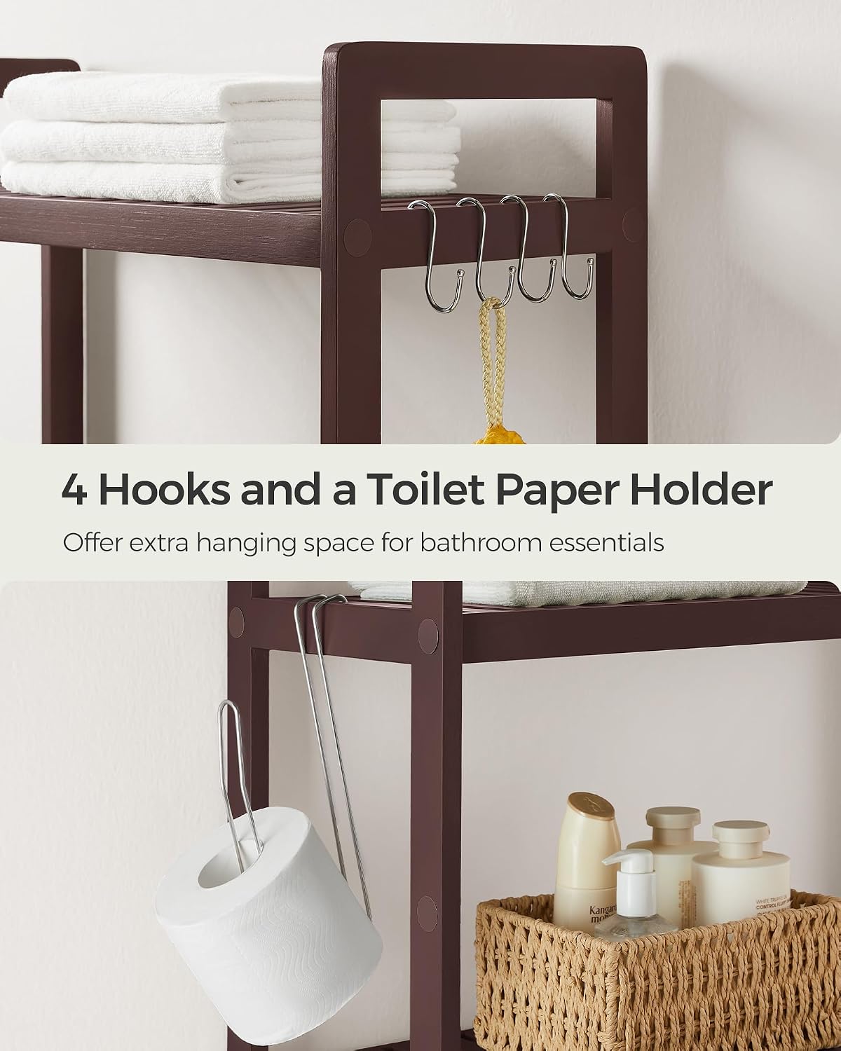 SONGMICS Over The Toilet Storage, 3-Tier Over Toilet Bathroom Organizer with Adjustable Shelf, 10.2 x 24.8 x 66.9 Inches, Space-Saving, Cloud White UBTS01WT