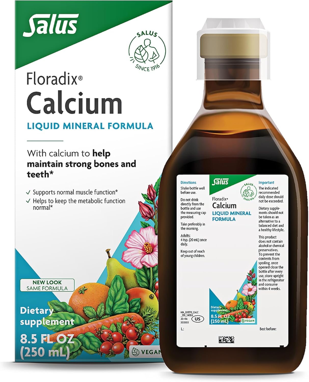 Floradix Calcium Liquid Supplement - Supports Strong Bones & Teeth - Calcium Gluconate & Lactate - Gentle to Digest & Easily Absorbed - Vegan