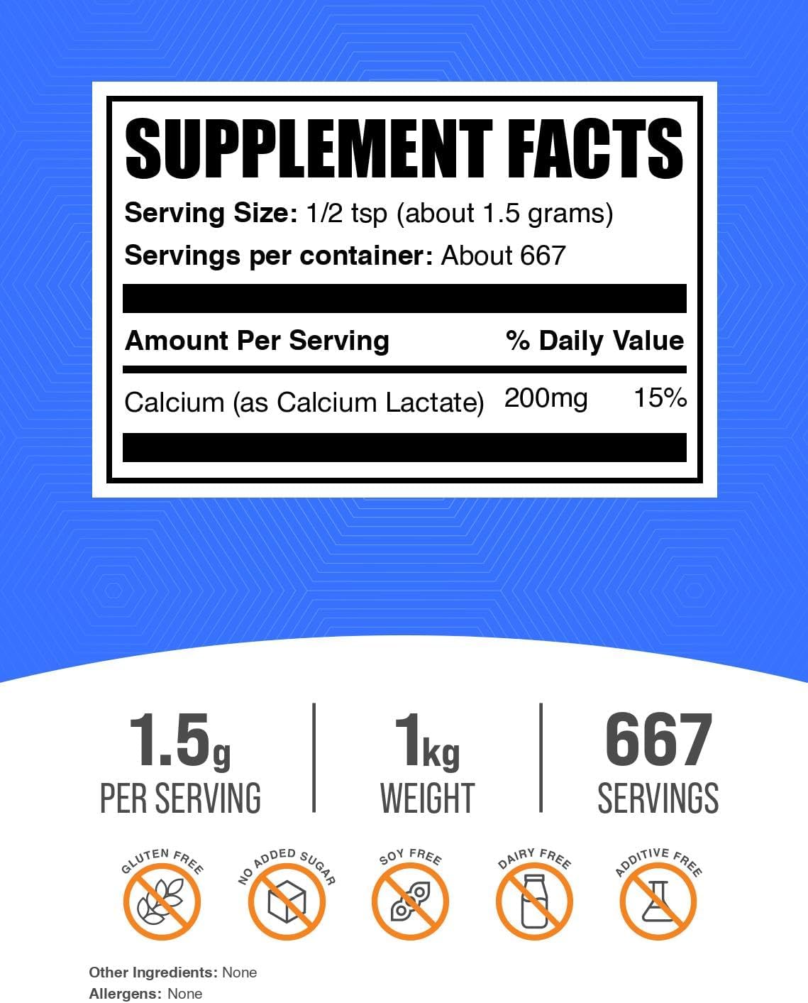 BulkSupplements.com Calcium Lactate Powder - Calcium Supplement Powder, Food Grade - Pure & Gluten Free, 1.5g per Serving, 500g (1.1 lbs) (Pack of 1)