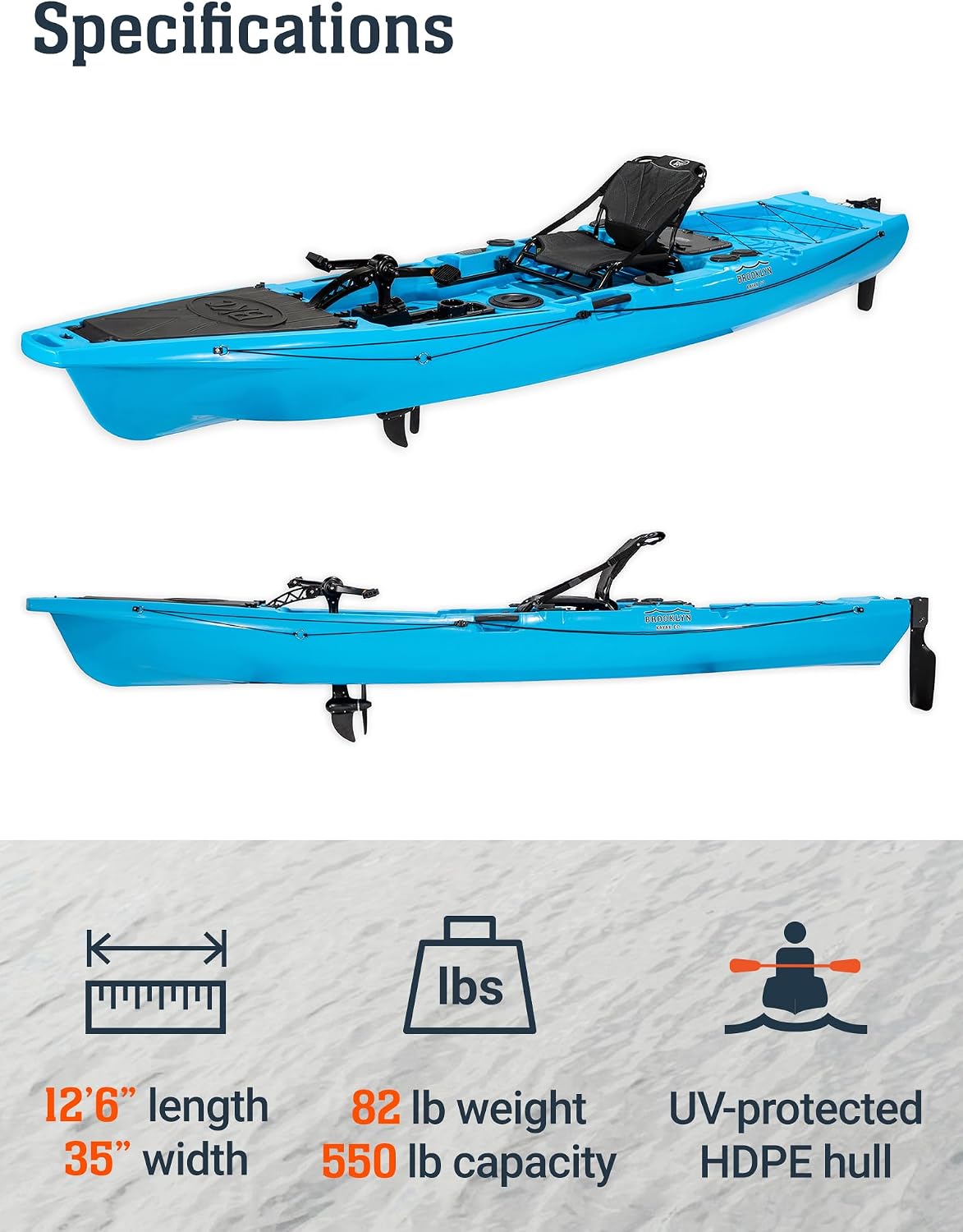 BKC Brooklyn 12.5 Pro Pedal Fishing Kayak, Propeller Drive | Hands-free propeller drive, rudder steering, 550 lb capacity, dry storage, rod holders, 12.5 ft sit-on-top hull