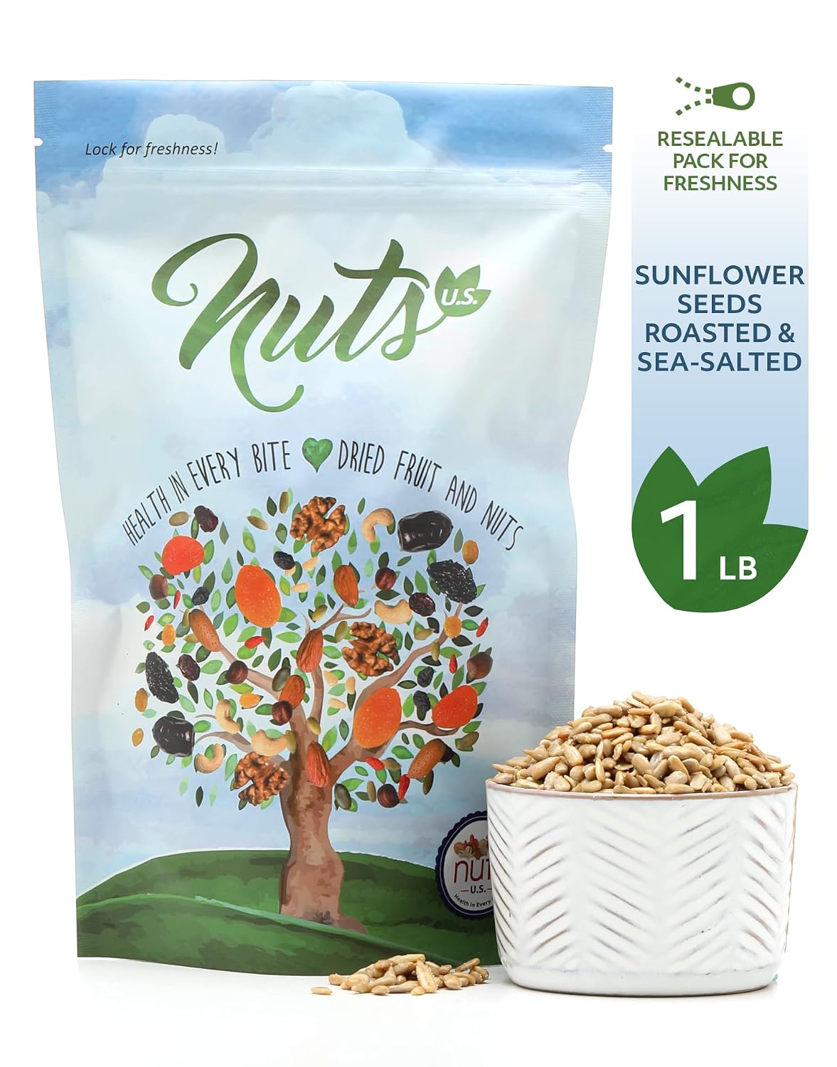 NUTS U.S. – Sunflower Seeds | Roasted and Sea-Salted | No Added Colors and No Artificial Flavors | Packed and Grown In USA | Shelled Sunflower Seeds In Resealable Bags!!! (2 LB)