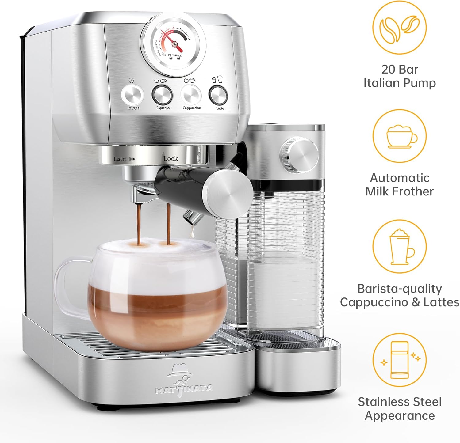 MAttinata 1633L Espresso Machine, Cappuccino Machine with Auto Milk Frother | 20 Bar Coffee Maker, Italian Pump, Fast Heating, Self Cleaning