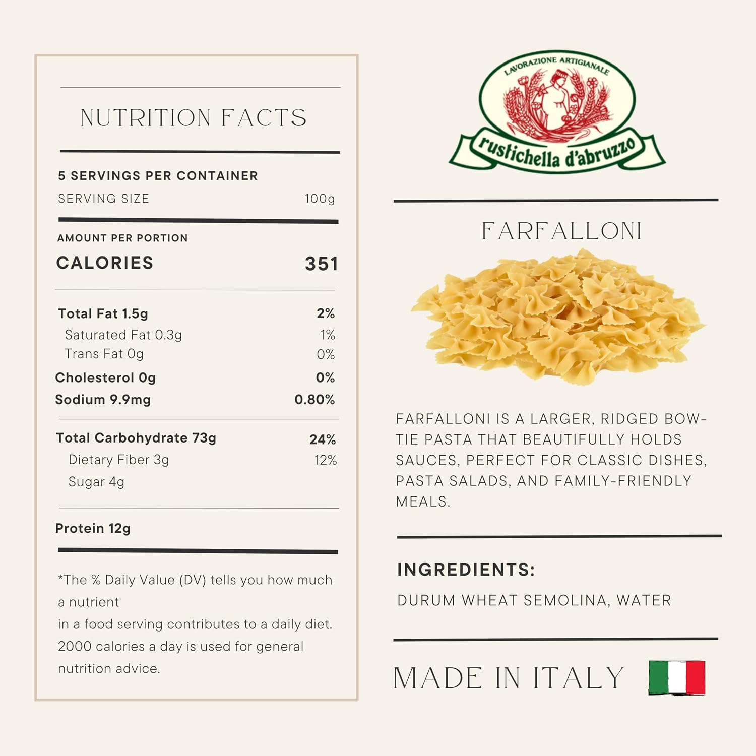 Rustichella d'Abruzzo Farfalloni - Large Bow-Tie Pasta, 500g, Soft Ridges for Better Sauce Adherence, Ideal for Pasta Salads & Classic Sauces