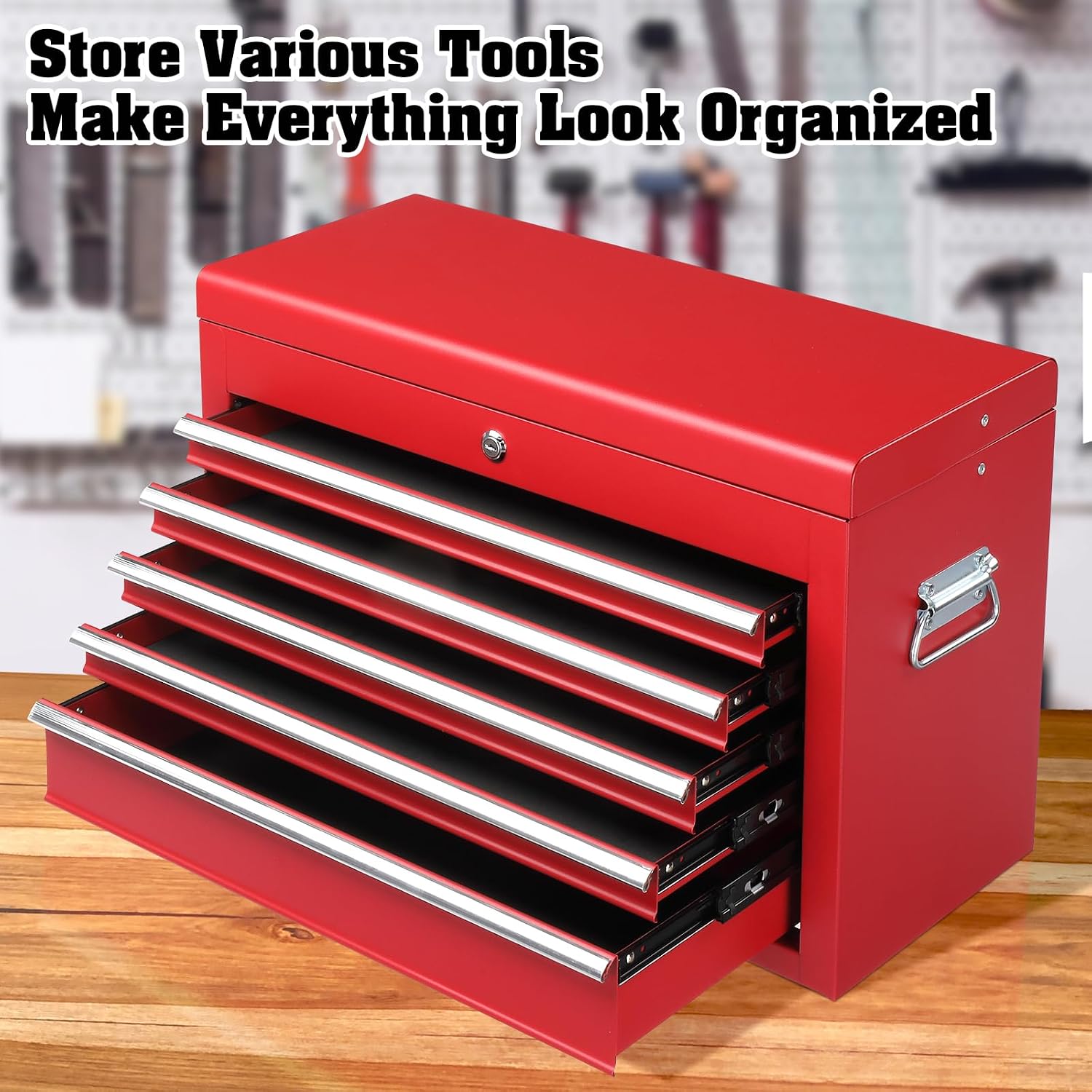 24" Metal Portable Tool Box with 5 Drawers, Lockable, Red | ToolBox with Top Storage Tray, Carry Handle, Ball Bearing Runners, Tool Chest Cabinet for Garage, Warehouse, Repair Shop