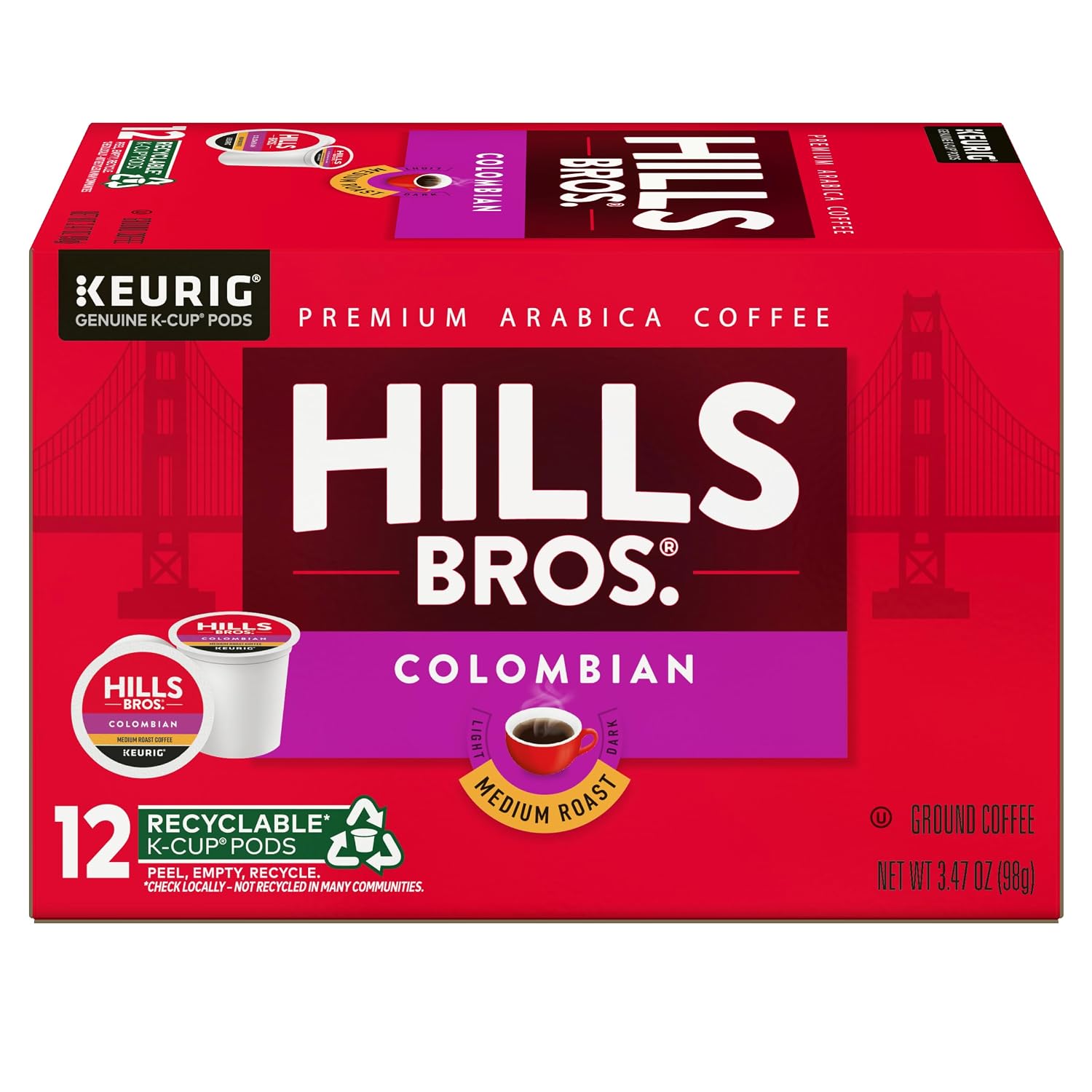 Hills Bros Single Serve Coffee Pods, 100% Colombian Ground Coffee, Medium Roast, 12 Count – Keurig Compatible, Roasted 100% Arabica Beans, Smooth Balanced Flavor