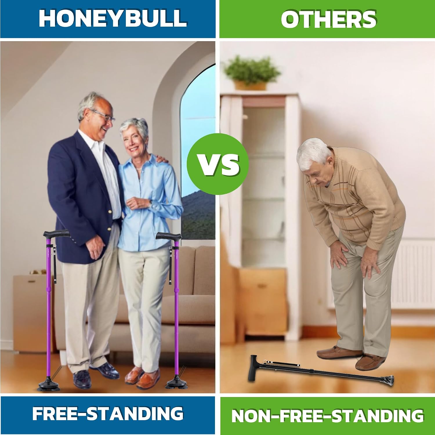 HONEYBULL Walking Cane for Men & Women, Foldable Free Standing Cane | Adjustable height, collapsible design, heavy-duty, pivot base for stable support, ergonomic handle