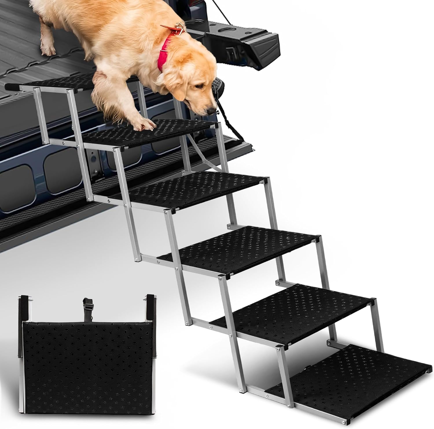 Foldable Dog Stairs for Car,17" Extra Wide Pet Ramp for Large Dog,6 Steps | 17" Extra Wide 200LBS Capacity Lightweight Portable Reinforced Pet Ramp for SUV Truck High Bed
