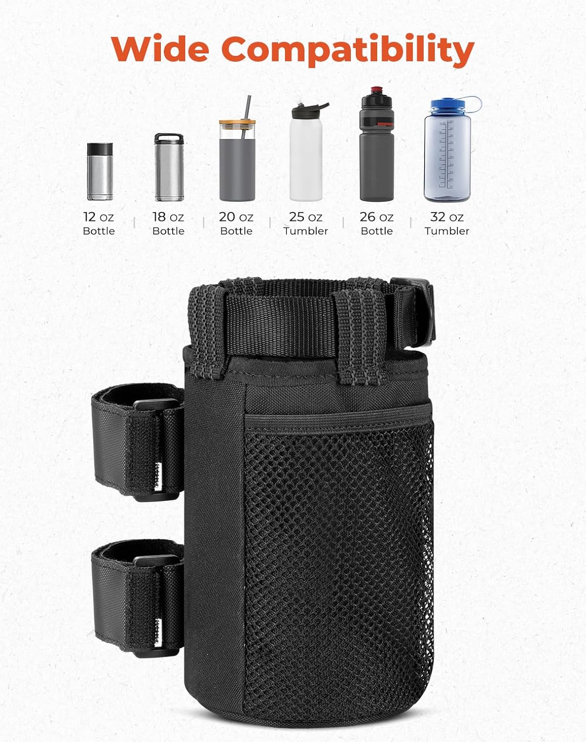 KEMIMOTO 2 Pack Cup Holder, Roll Bar Cup Holder for UTVs | Fit for Wheelchair Scooter Walker Rollator Bike Golf Cart Boat with Mesh Pockets and Sticky Straps
