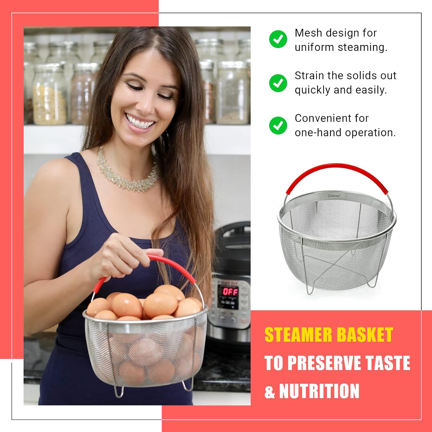 Salbree Steamer Basket for 6qt Instant Pot and Many Other Pressure Cookers | Stainless steel strainer insert with silicone handle fits the 6qt Instant Pot and most air fryers. Comes in 3 different sizes