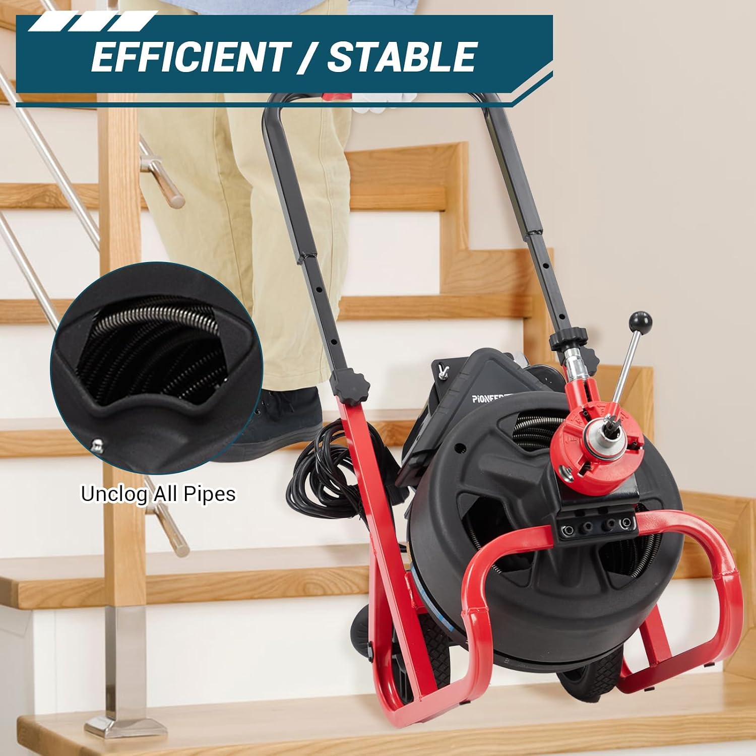 100Ft x 3/8 Inch Drain Cleaner Machine, 370w Electric Drain Auger Machine with Auto-Feed & 6 Cutters, Sewer Snake Auger with Wheels