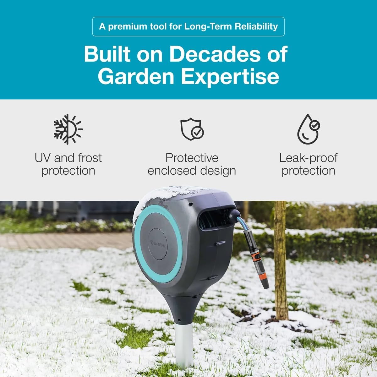 GARDENA Automatic Retractable Garden Hose Reel - 50 Feet - 360 Degree Swivel Outdoor Hose Reel with Metal Spike Base - Auto Retract - UV Resistant