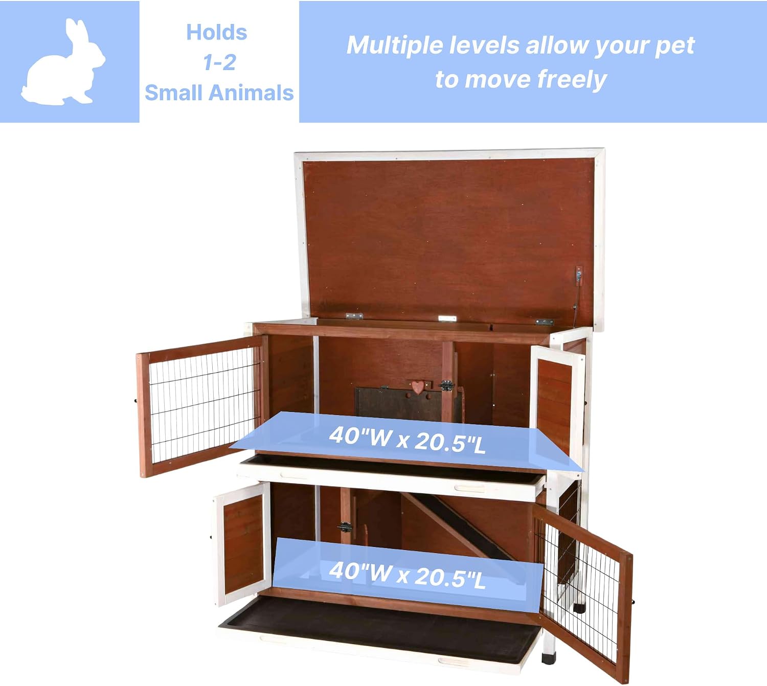 Trixie 2-Story Rabbit Hutch with Retreat Area, Non-Slip Ramp, Hinged Roof with Locking Arm, 4 Doors, 2 Metal Slide Latches, and Pull-Out Trays for Easy Cleaning