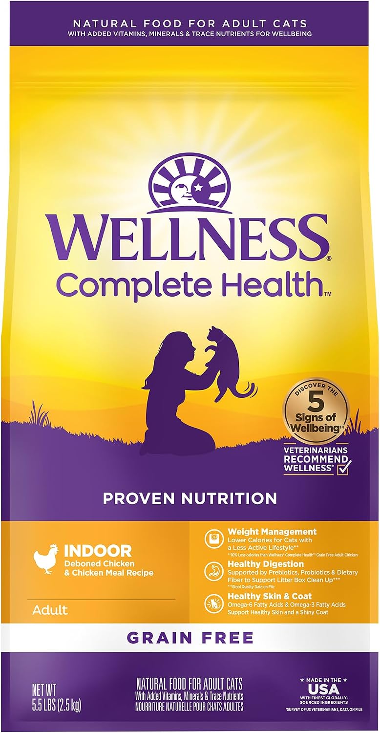 Wellness Complete Health Adult Dry Cat Food for Indoor Cats, Natural, Grain Free Kibble, Chicken Recipe, 5.5 lb Bag