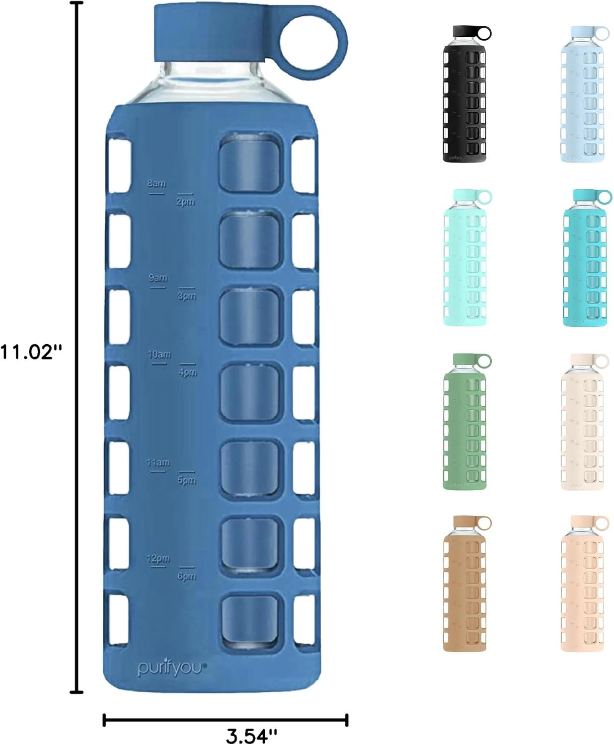 purifyou 40oz / 32oz / 22oz / 12oz Borosilicate Glass Water Bottle with Time & Volume Markers, Silicone Sleeve