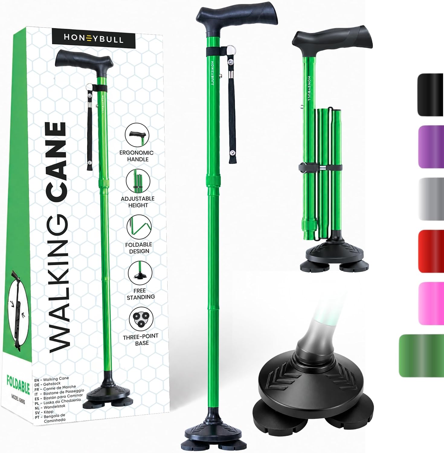 HONEYBULL Walking Cane for Men & Women, Foldable Free Standing Cane | Adjustable height, collapsible design, heavy-duty, pivot base for stable support, ergonomic handle