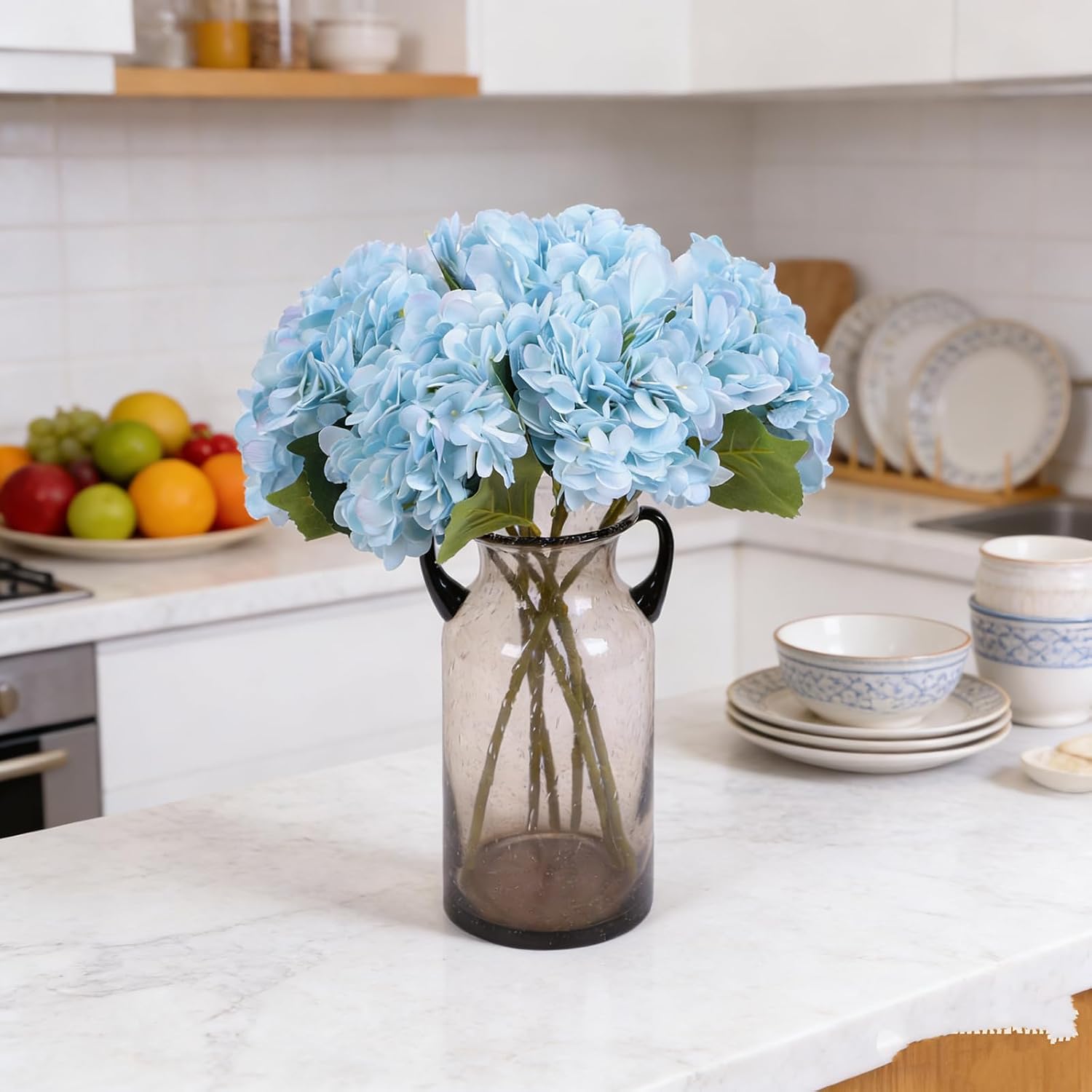 Kimura's Cabin 6pcs Silk Hydrangeas Artificial Flowers,Deep Lake Blue