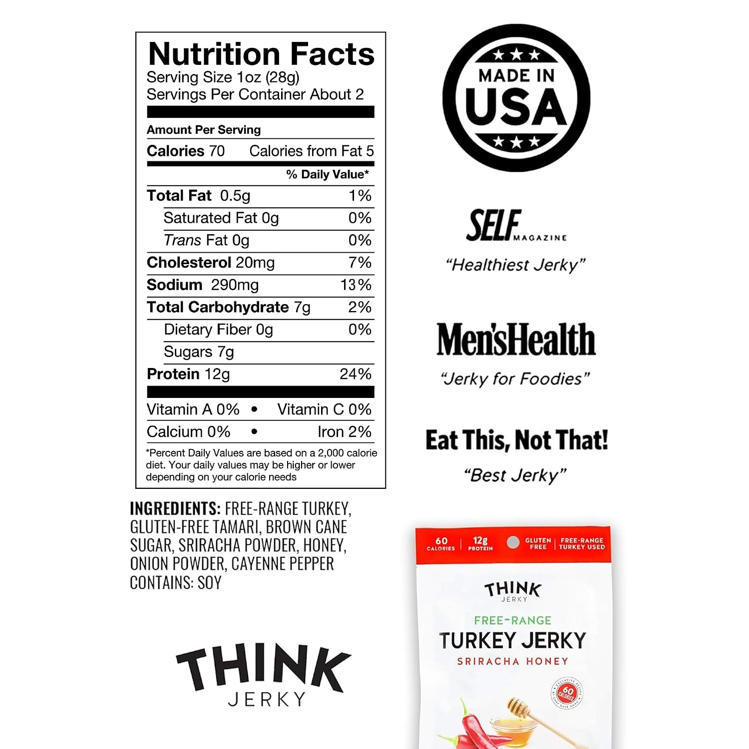 Think Jerky Sesame Teriyaki Beef Jerky, Grass-Fed High Protein Beef Jerky, Gluten Free, No Antibiotics or Nitrates, Healthy Chef Crafted Recipe, Low Calorie and Low Fat - 2.2 oz Bags, 4 Pack