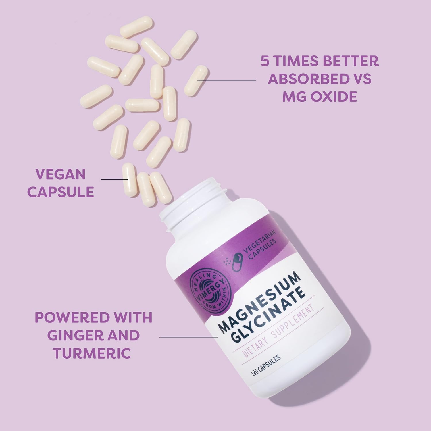 VIMERGY Magnesium Glycinate Supplement, Vegan, 180 Capsules, 90 Servings