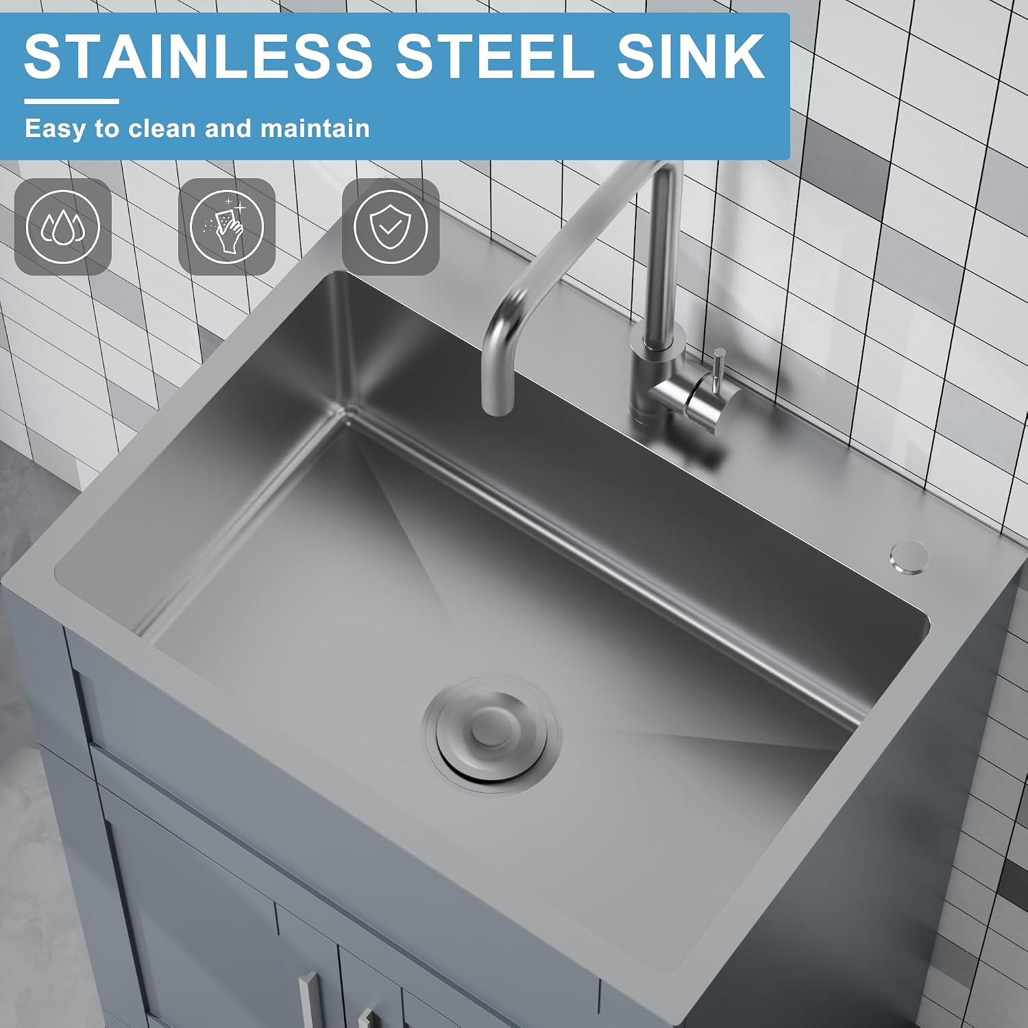 Goodyo Utility Sink with Cabinet 24 Inch Laundry Room Sink Cabinet 304 Stainless Steel Sink Combo White