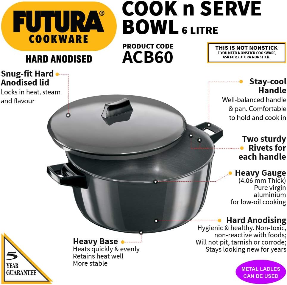 Hawkins Futura 6 Litre Cook n Serve Bowl, Hard Anodised Saucepan with Hard Anodised Lid, Sauce Pan for Cooking and Serving, Black (ACB60) (Aluminium)