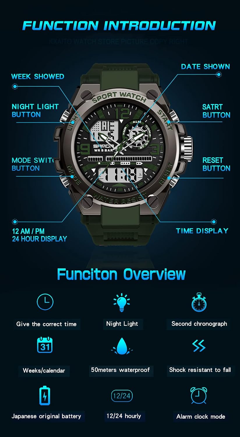 KXAITO Men's Watches Sports Outdoor Waterproof Military Watch Date Multi Function Tactics LED Alarm Stopwatch