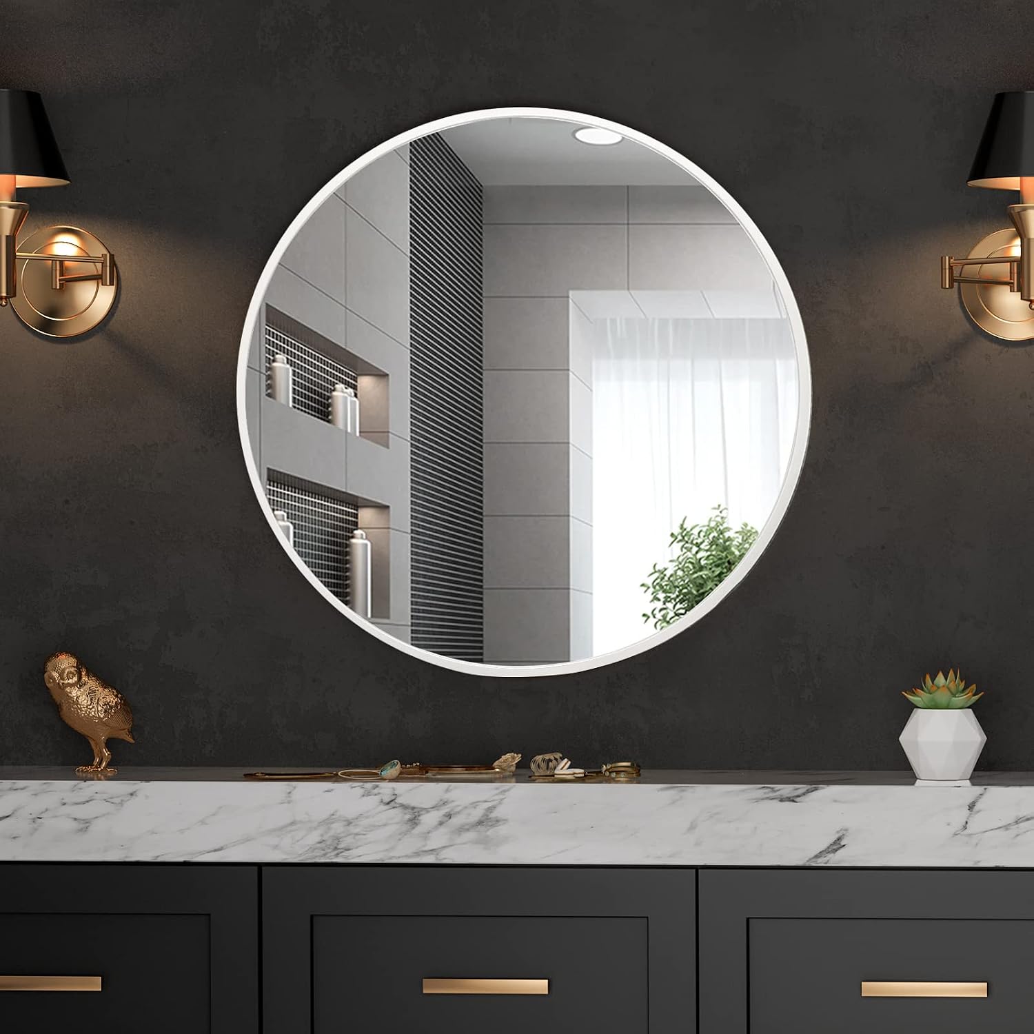 Growsun Black Round Mirror 24 inch, Wall Mounted Circle Mirror, Metal Framed Mirror for Bathroom Vanity, Bedroom Home Decor Mirros