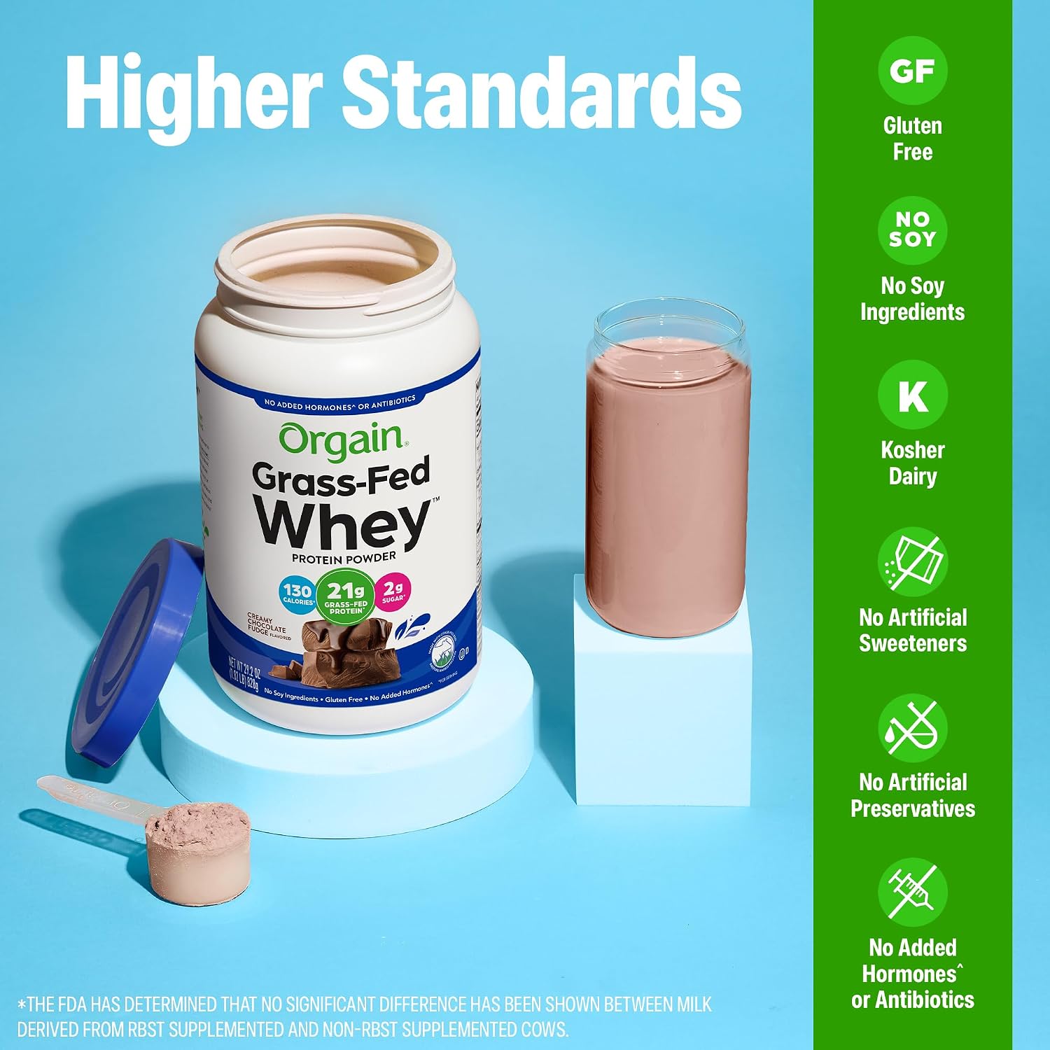 Orgain 21g Grass-Fed Whey Protein Powder, 5g BCAAs, Chocolate, 1.82lb | Dairy protein, 5g BCAAs, 4g prebiotic fiber, no sugar added, no added hormones, gluten free, kosher, for shakes & smoothies