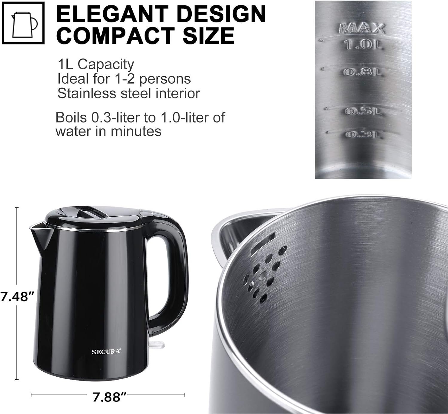 Secura Stainless Steel Double Wall Electric Kettle Water Heater for Tea Coffee w/Auto Shut-Off and Boil-Dry Protection, 1.0L (Orange) SWK-1001DO/HB-K012