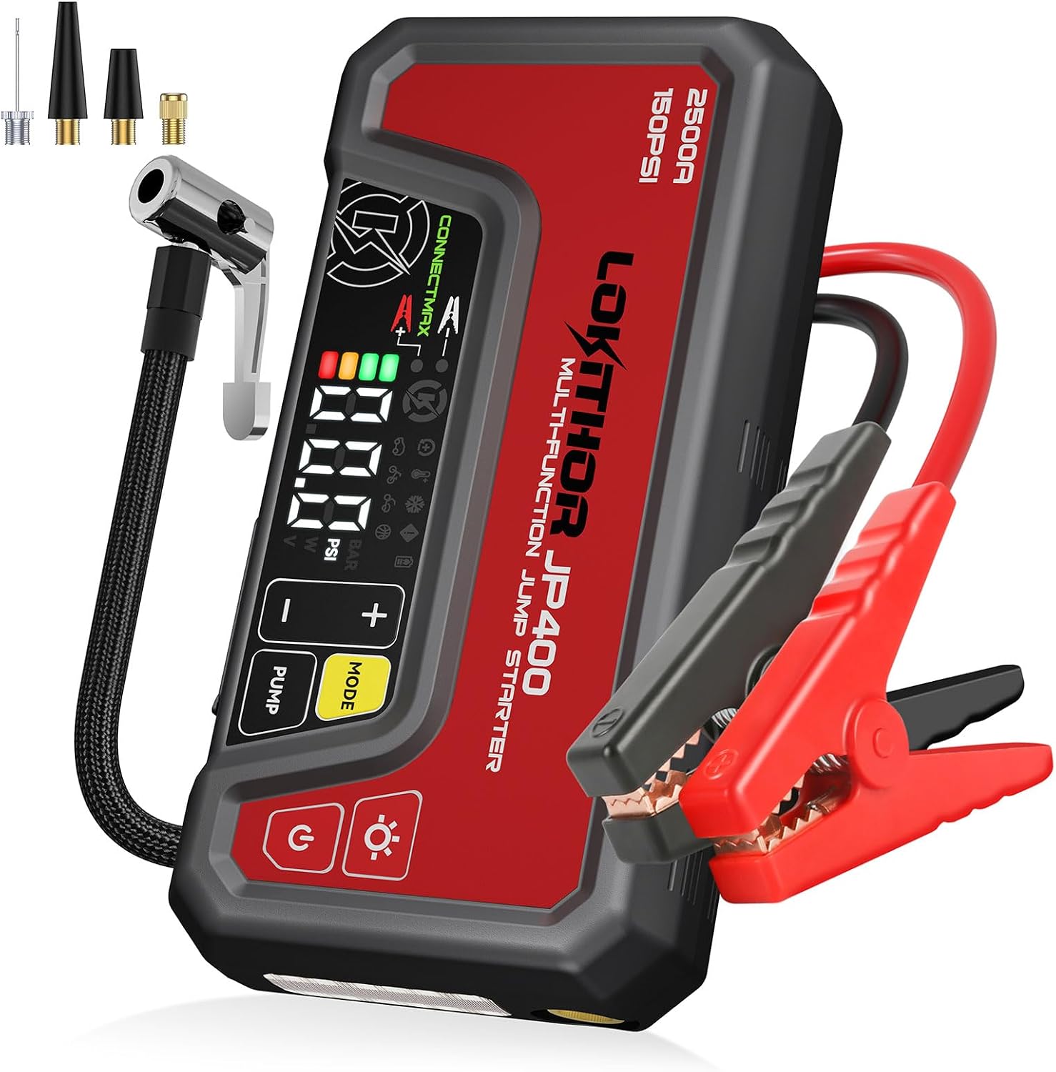 LOKITHOR JP400 Jump Starter with Air Compressor for 8.5L Gas/6.5L Diesel | 2500A 12V Portable Jumper Starter for Car, 150PSI Tire Inflator, 300 Lumen LED Light, Power Bank, ConnectMax, Jumper Cables