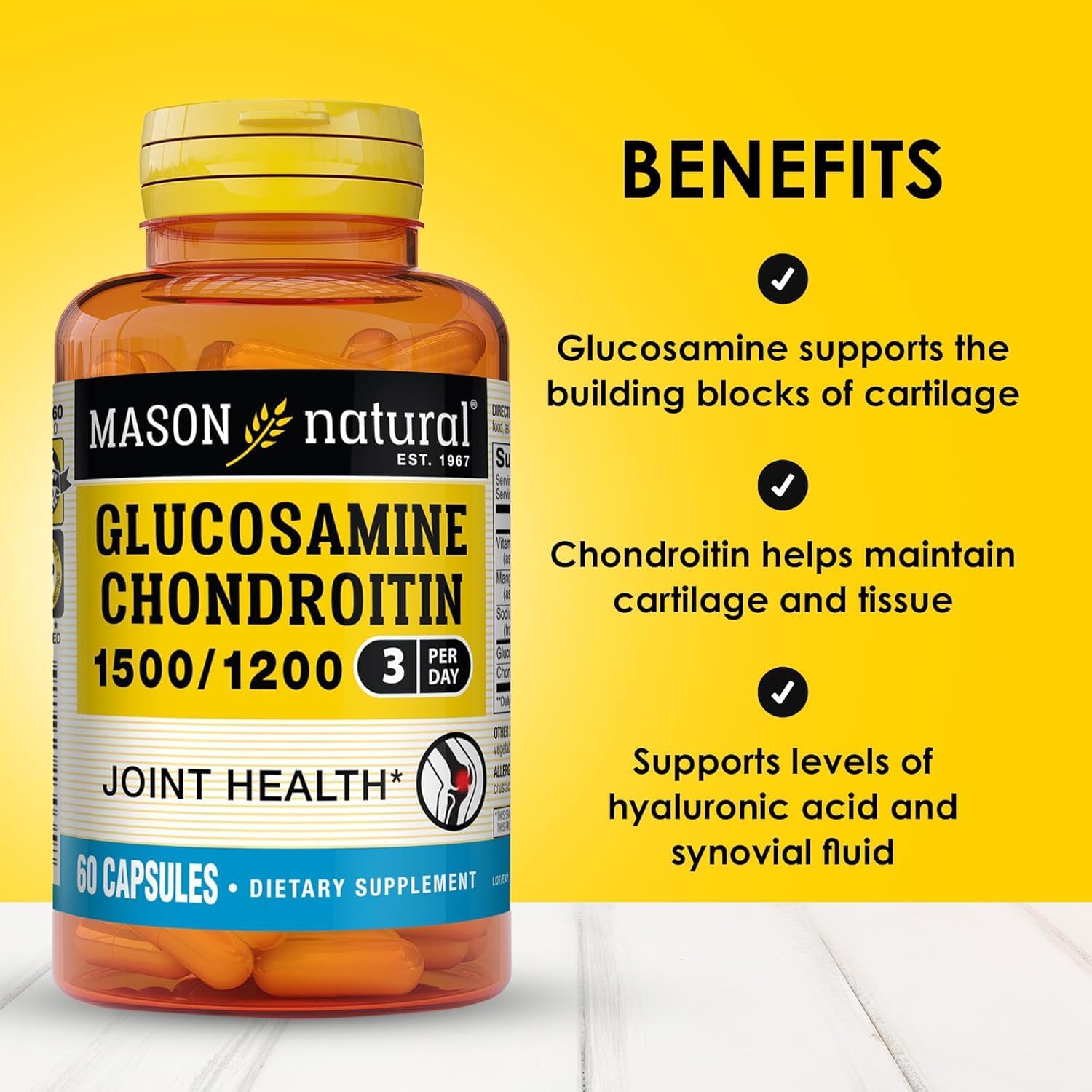MASON NATURAL Glucosamine Chondroitin 1500/1200 & Vitamin C, 30 Day Supply | 1500mg glucosamine & 1200mg chondroitin with 198mg vitamin C & manganese to support joint cartilage, flexibility & mobility