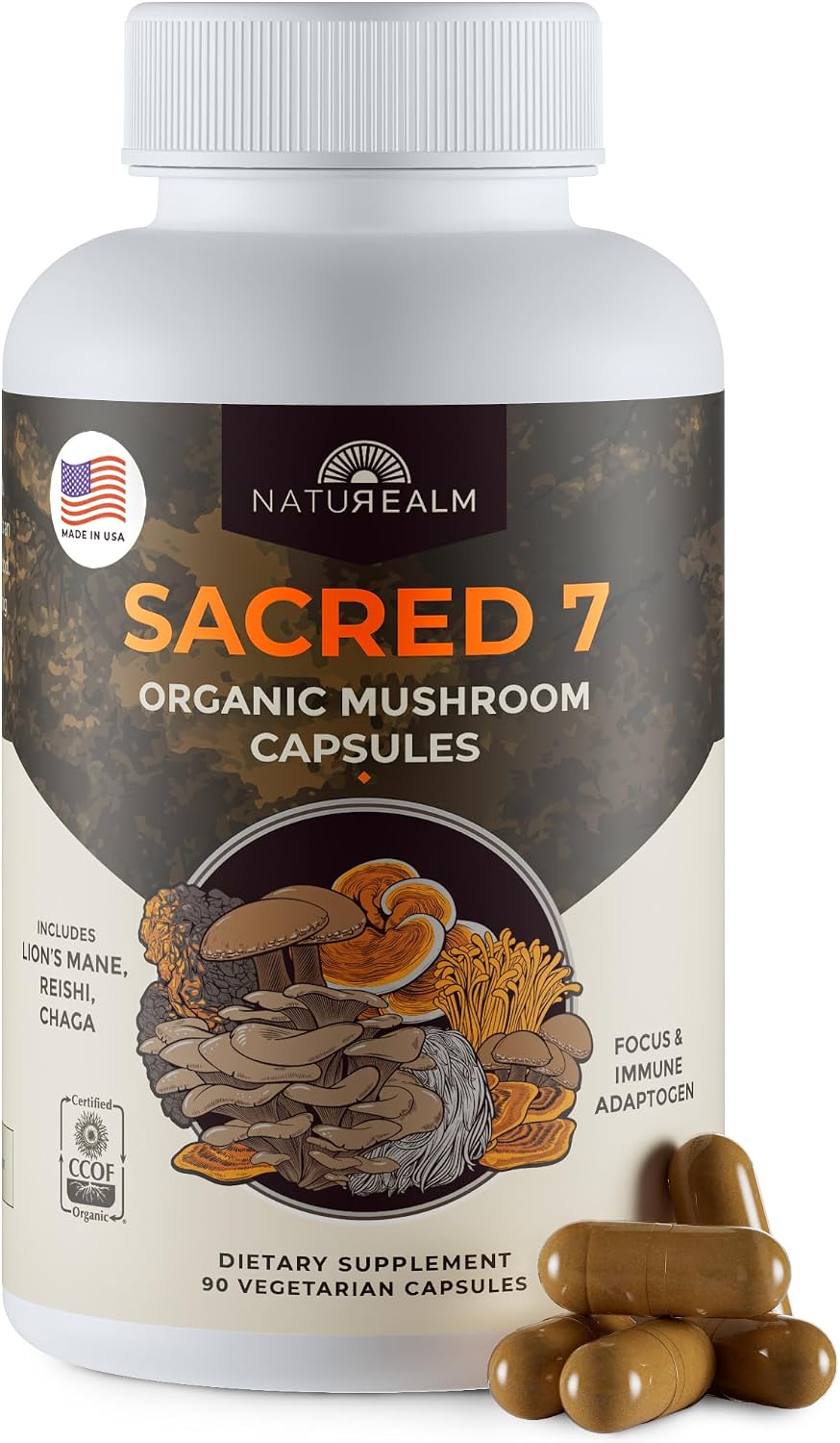 Sacred 7 Brain Mushroom Powder, Organic 7-in-1 Blend 226 Servings | Seven fruiting body extracts, lions mane cordyceps reishi, stirs into coffee or smoothies, 1000 mg scoop