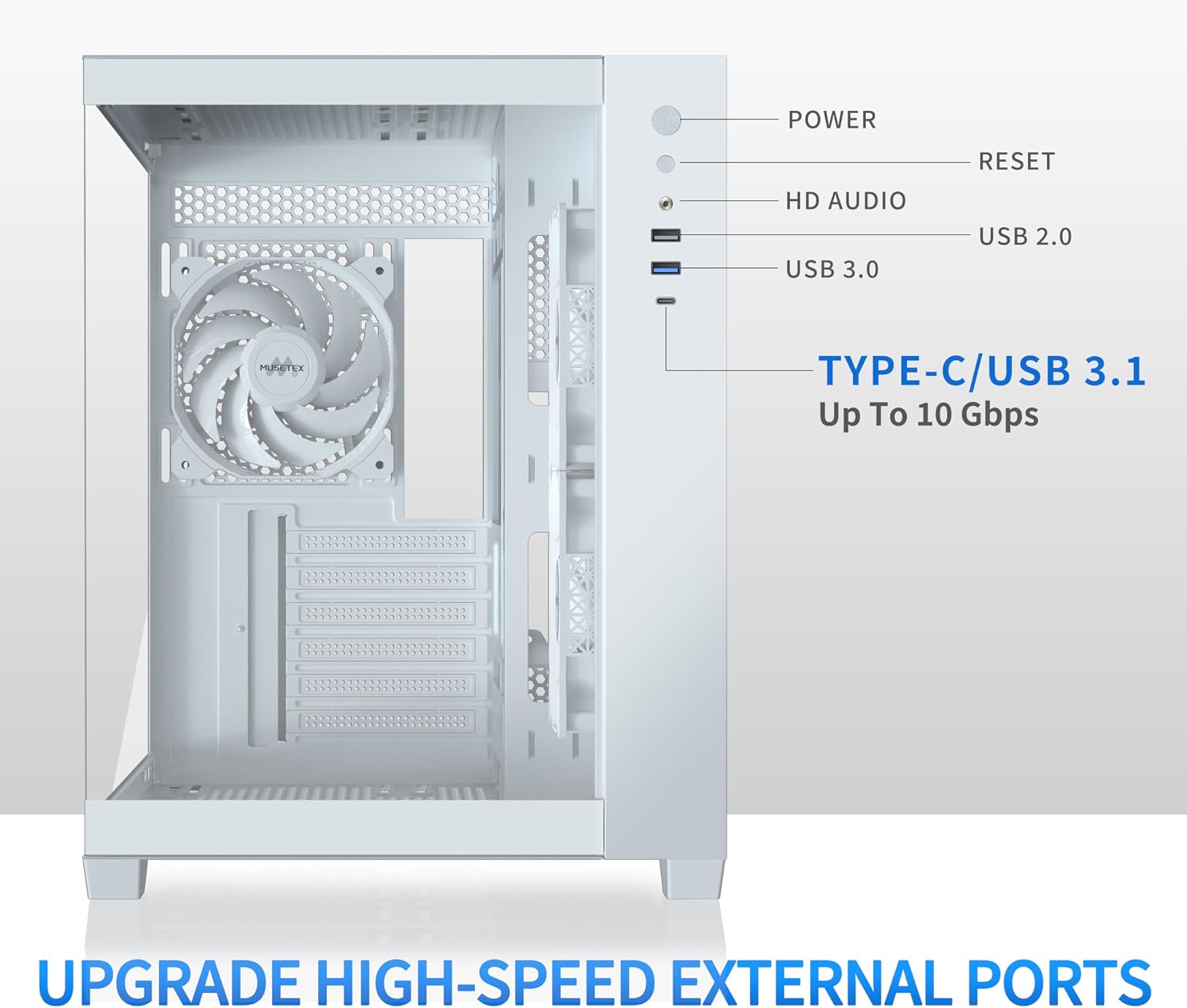 MUSETEX Y6 PC Case, Pre-Installed 7 Infinity Mirror PWM ARGB Fans, ATX Mid Tower Computer Case, Gaming PC Case with Type-C, 270° Full View Tempered Glass, Black