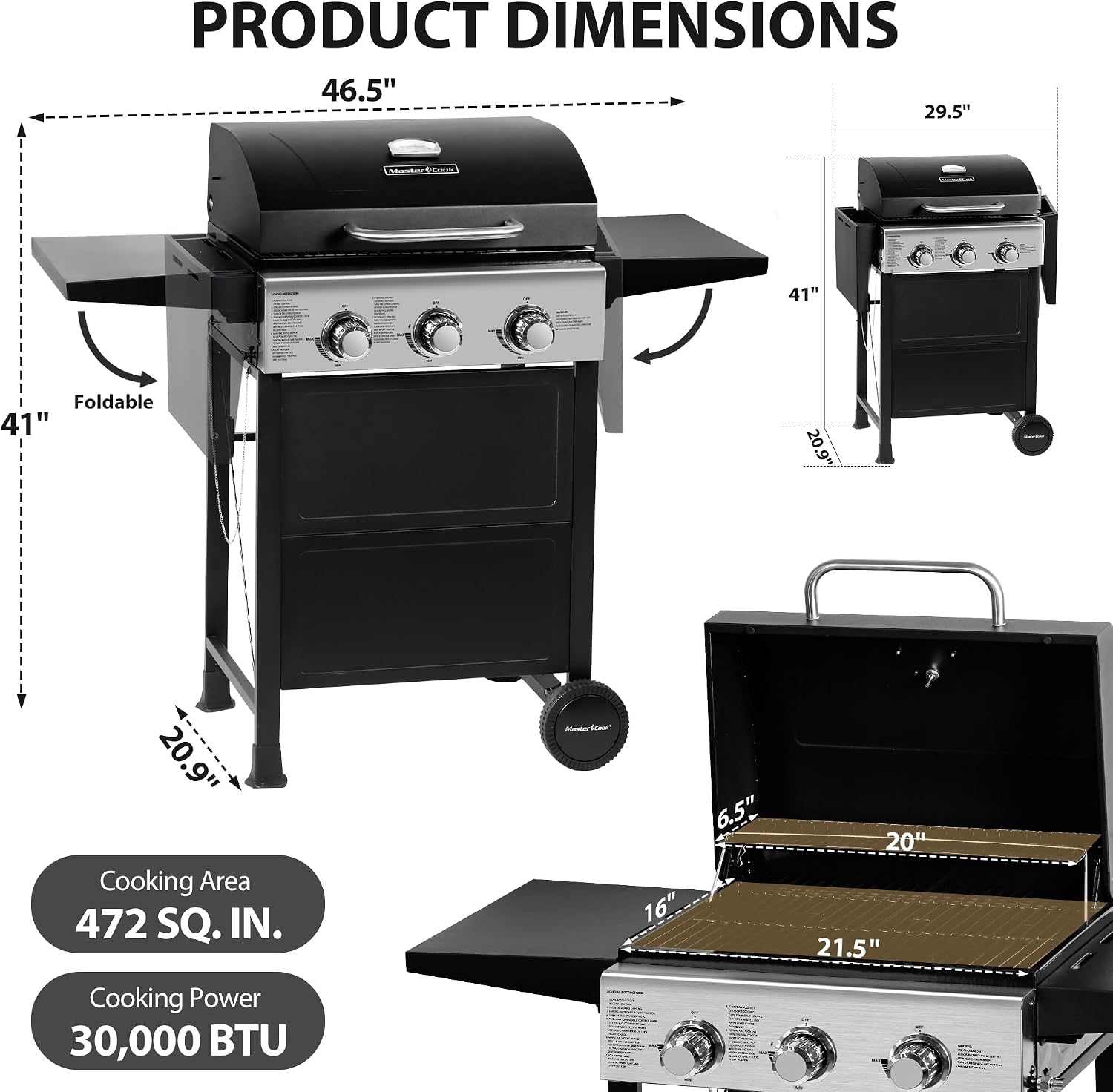MASTER COOK 3 Burner BBQ Propane Gas Grill, 472 Sq. In. Cooking Area, 30