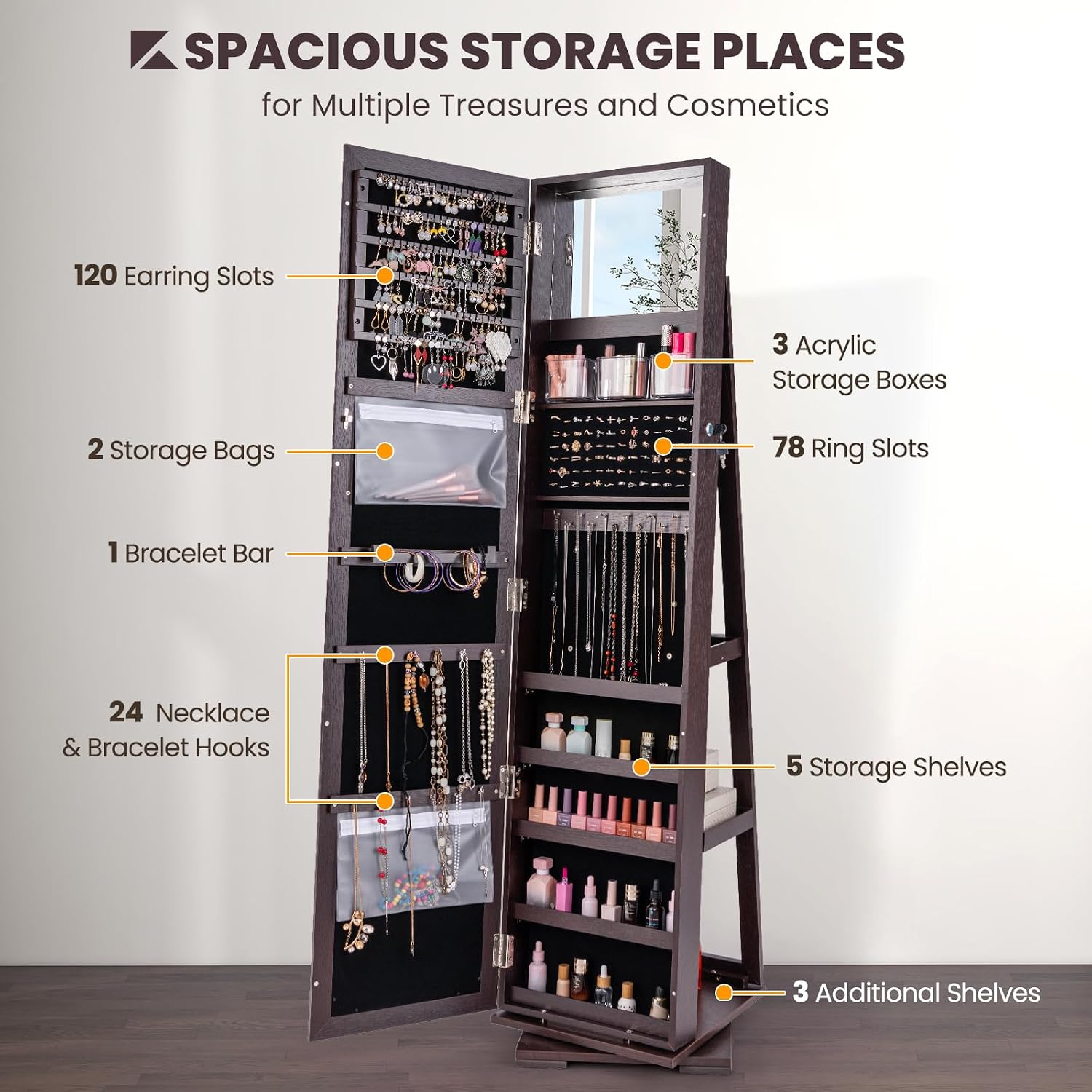 CHARMAID 360° Swivel Jewelry Armoire with Higher Full Length Mirror, Standing Lockable Jewelry Cabinet Organizer with Large Storage Capacity