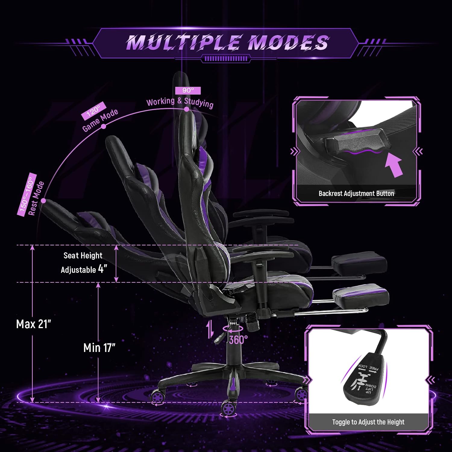 AA Products Gaming Chair Ergonomic High Back Computer Racing Chair Adjustable Office Chair with Footrest, Lumbar Support Swivel Chair - Black