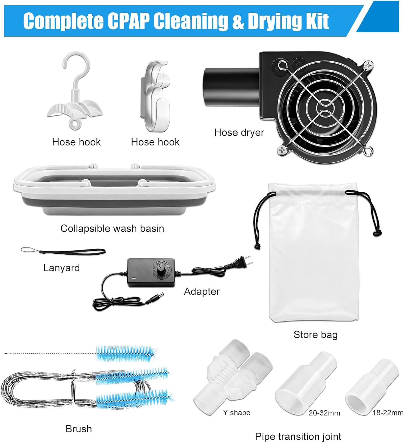 CPAP Cleaning Kit with Hose Dryer for 15-22mm Tubing CPAP Supplies Cleaner, Extra Large | Complete 11Pack CPAP Cleaning Tool, Fast Drying Fan