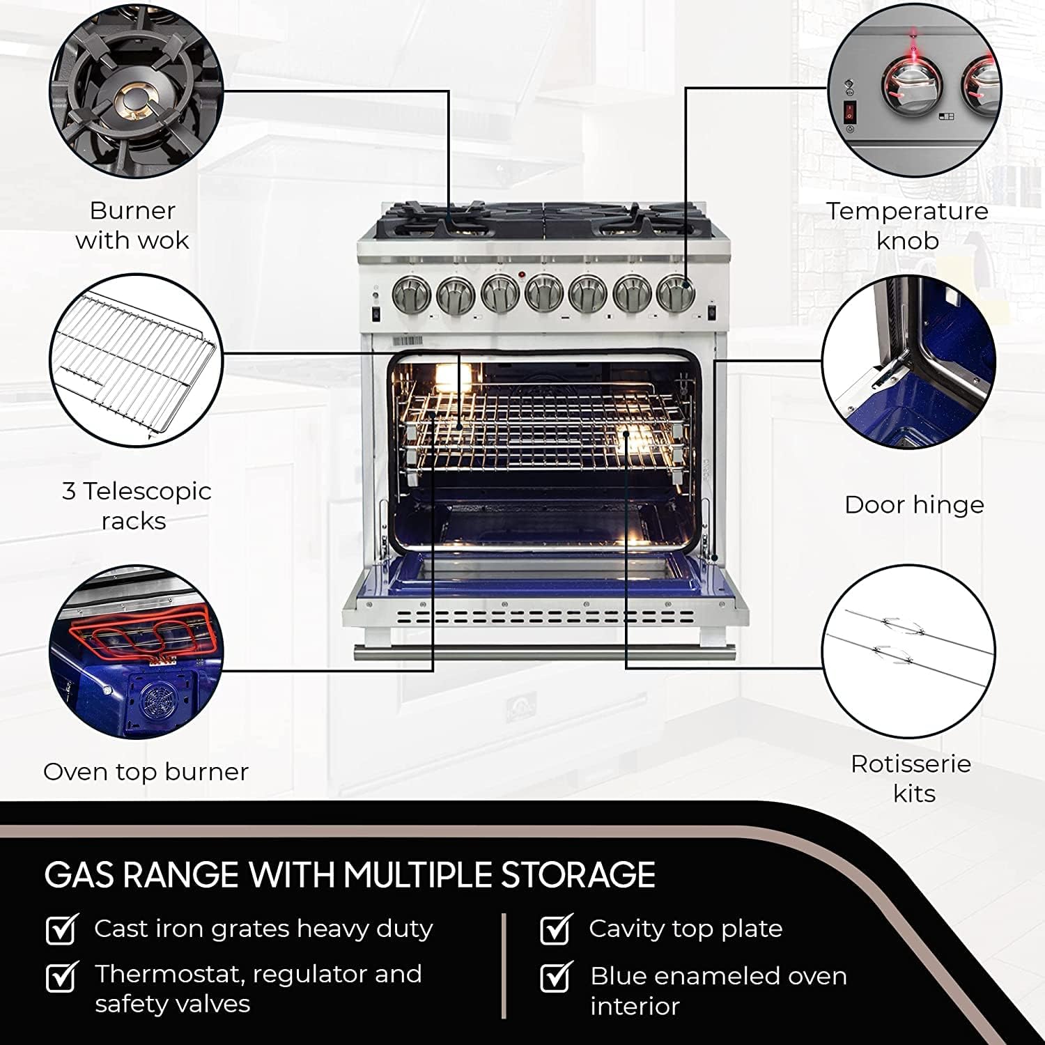 FORNO Capriasca Dual Fuel 30" Inch. Freestanding Range 5 Sealed Brass Burners Cooktop and 4.32 Cu. Ft. Electric Convection Oven - Stainless Steel