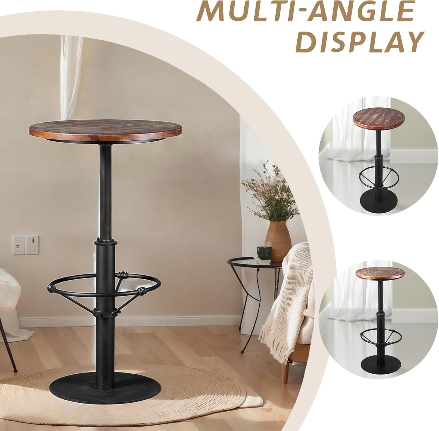 LOKKHAN 42" Tall Rustic Industrial Bar Table 19.68" Dia Round Wooden Top Metal Frame Height Fixed Standing Pub Dining Room Bistro Cocktail Table, Black & Brown
