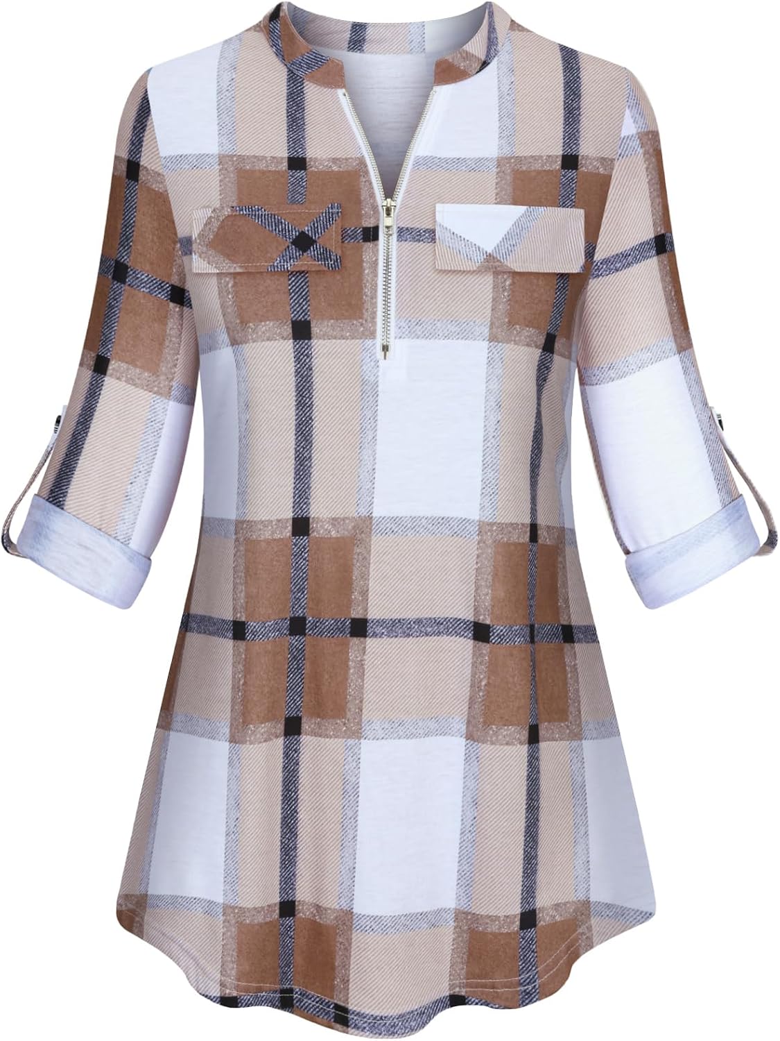 Tanst Sky Womens Casual Long Sleeve Zipped V Neck Plaid Tunic Blouses