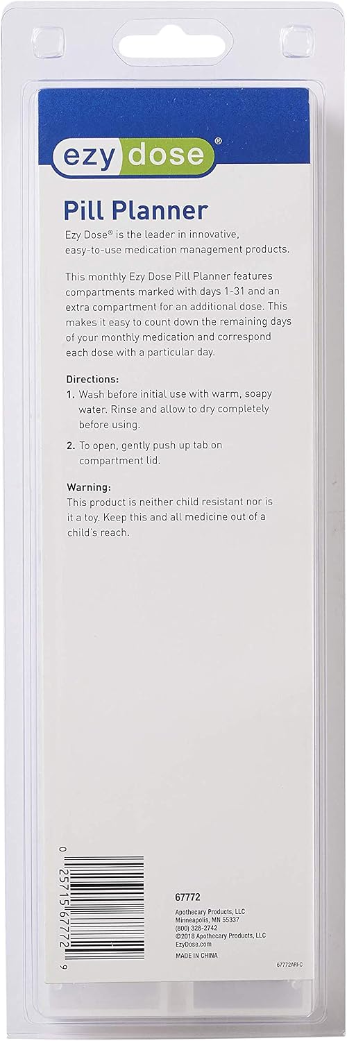 EZY DOSE (31-Day) Monthly Pill, Medicine, Vitamin Organizer Box, Monthly, Daily Planner, Extra Storage Compartments, Transparent Lids, BPA Free