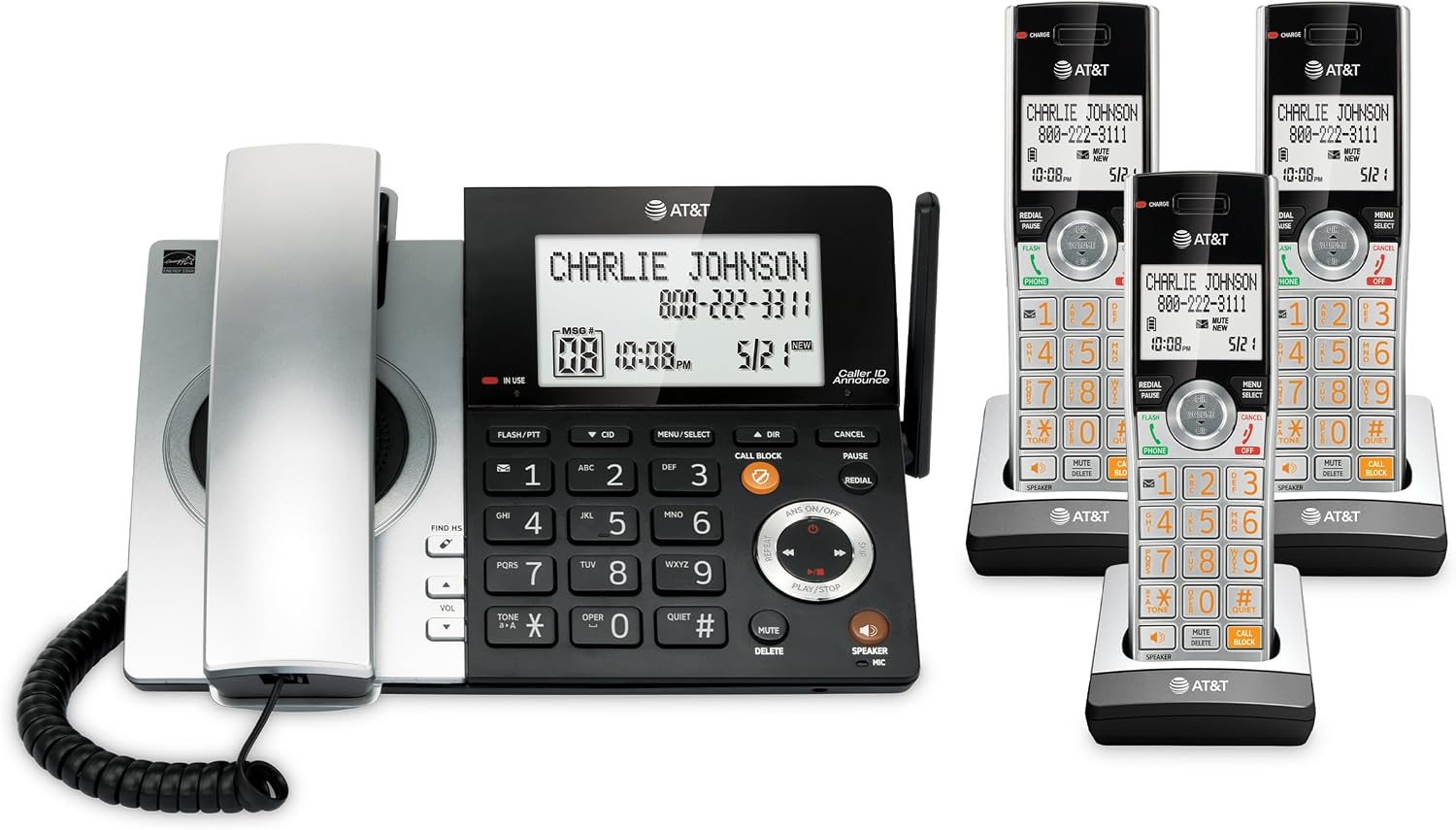 AT&T DECT 6.0 Expandable Cordless Phone with Answering System, Silver/Black with 3 Handsets