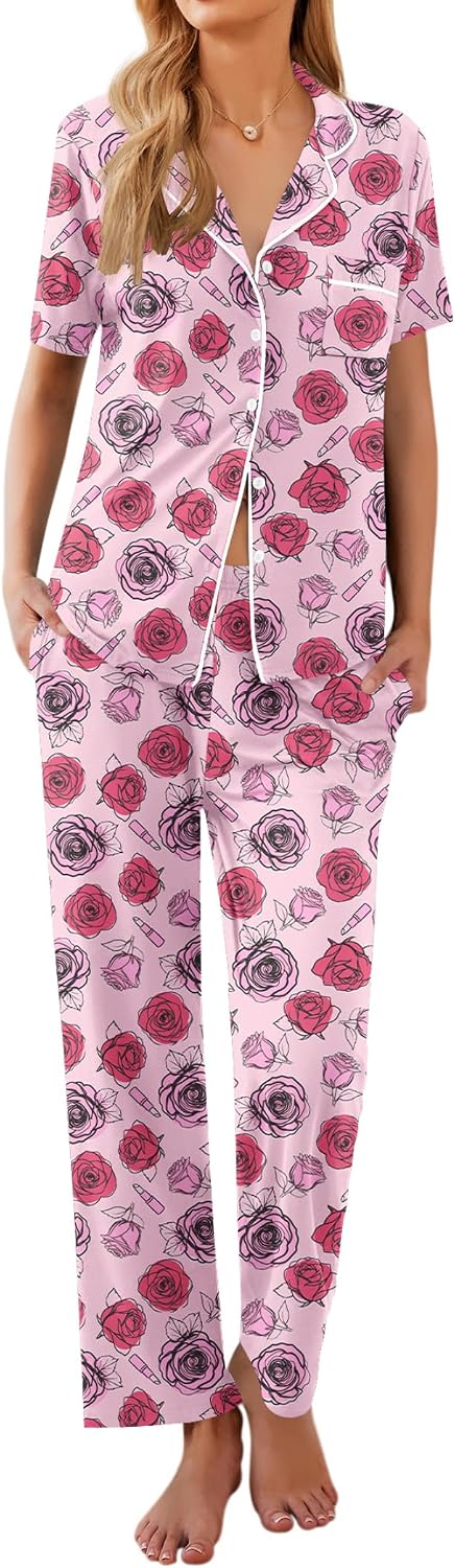 Ekouaer Womens Pajamas Set Short Sleeve Button Down Top & Pants Lounge Pjs