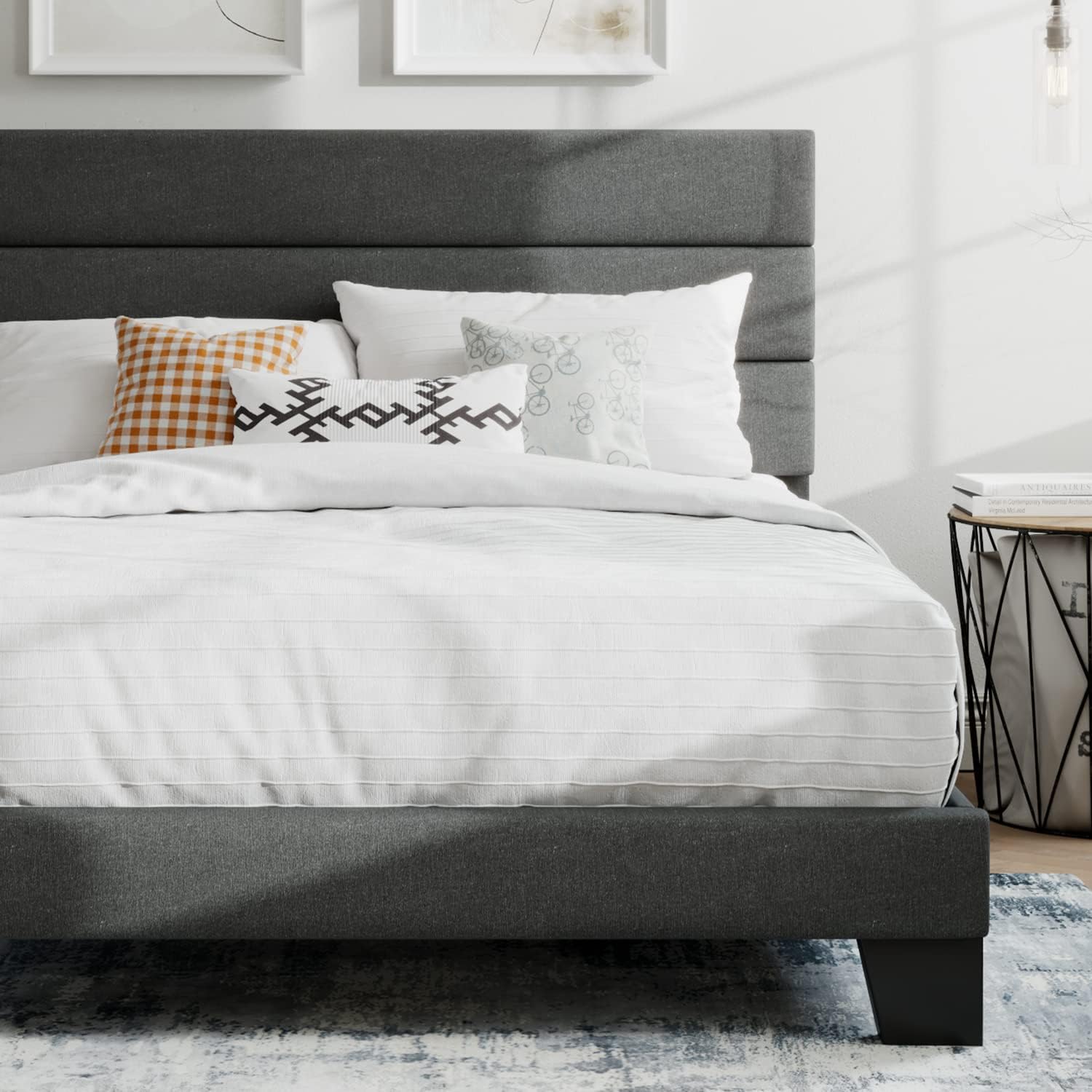 SHA CERLIN Full Platform Bed Frame with Upholstered Fabric Headboard, Grey