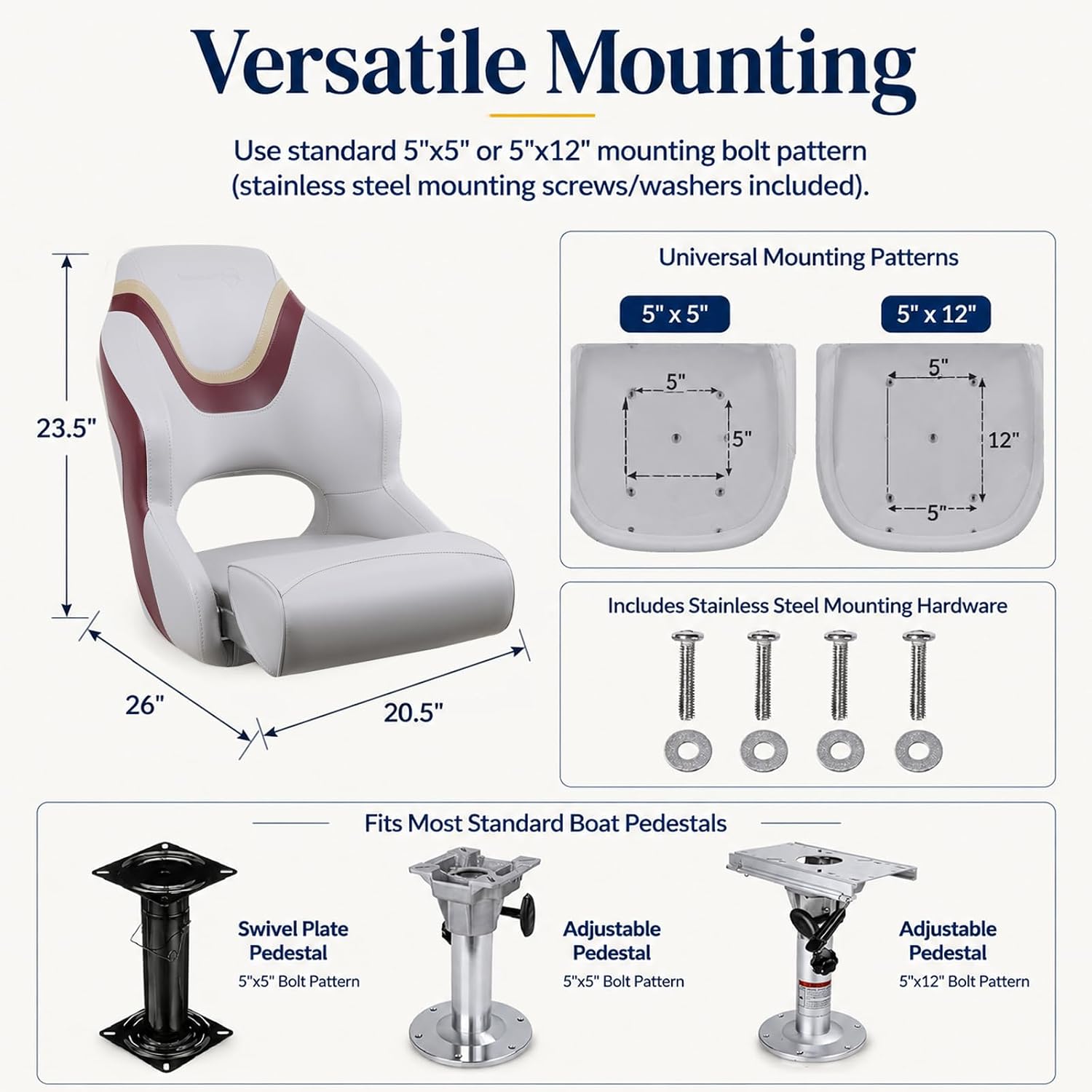 Seamander Boat Captains Chair,Captain Bucket Seat with Flip Up Bolster,Integral Rotomolded Frame, Premium EPDM Foam Material, Marine Grade Vinyl (A-White/Charcoal)