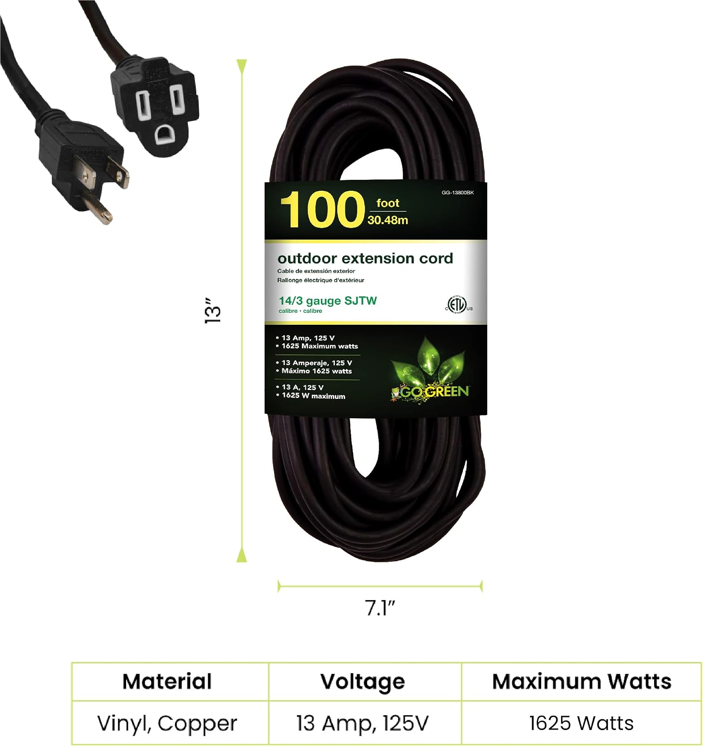 Go Green Power Inc. (GG-14025) 12/3 SJTW Outdoor Extension Cord, Lighted End, 25 ft