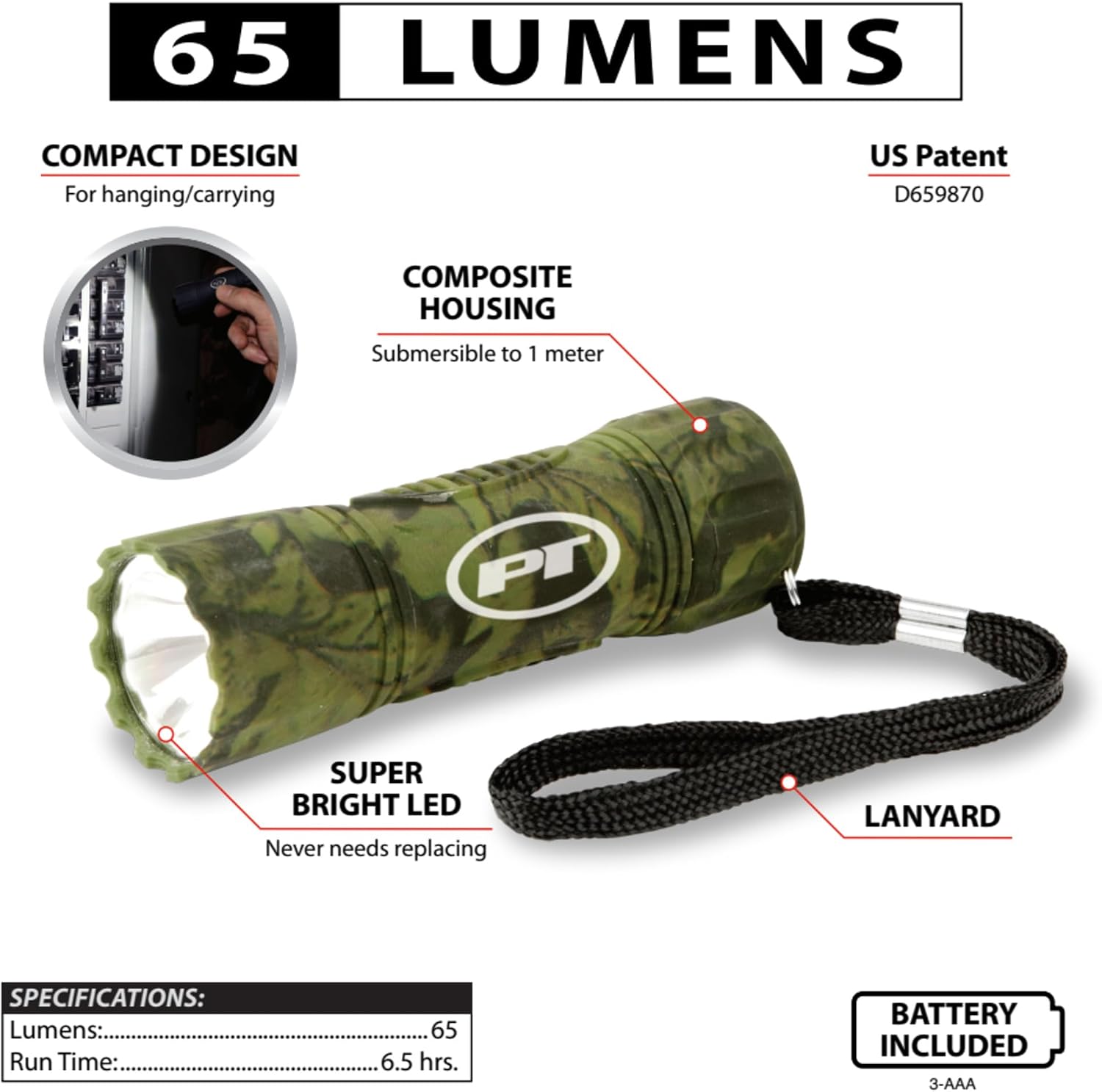 Performance Tool W2455 Storm 65 Lumen Camo Composite LED Flashlight | Submersible to one meter. 6.5-hour run time. 76m beam distance. Super bright