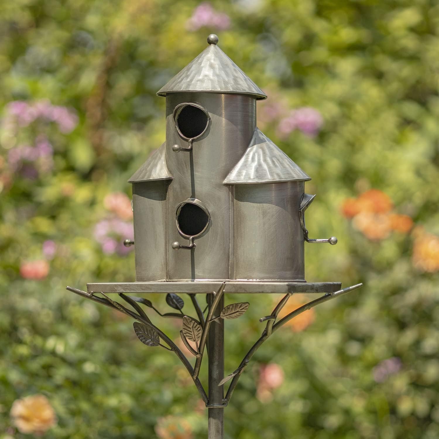 Large Copper Colored Multi-Birdhouse Stakes, Room for 4 Bird Families in Each (Cube Homes with Pyramid Roofs)