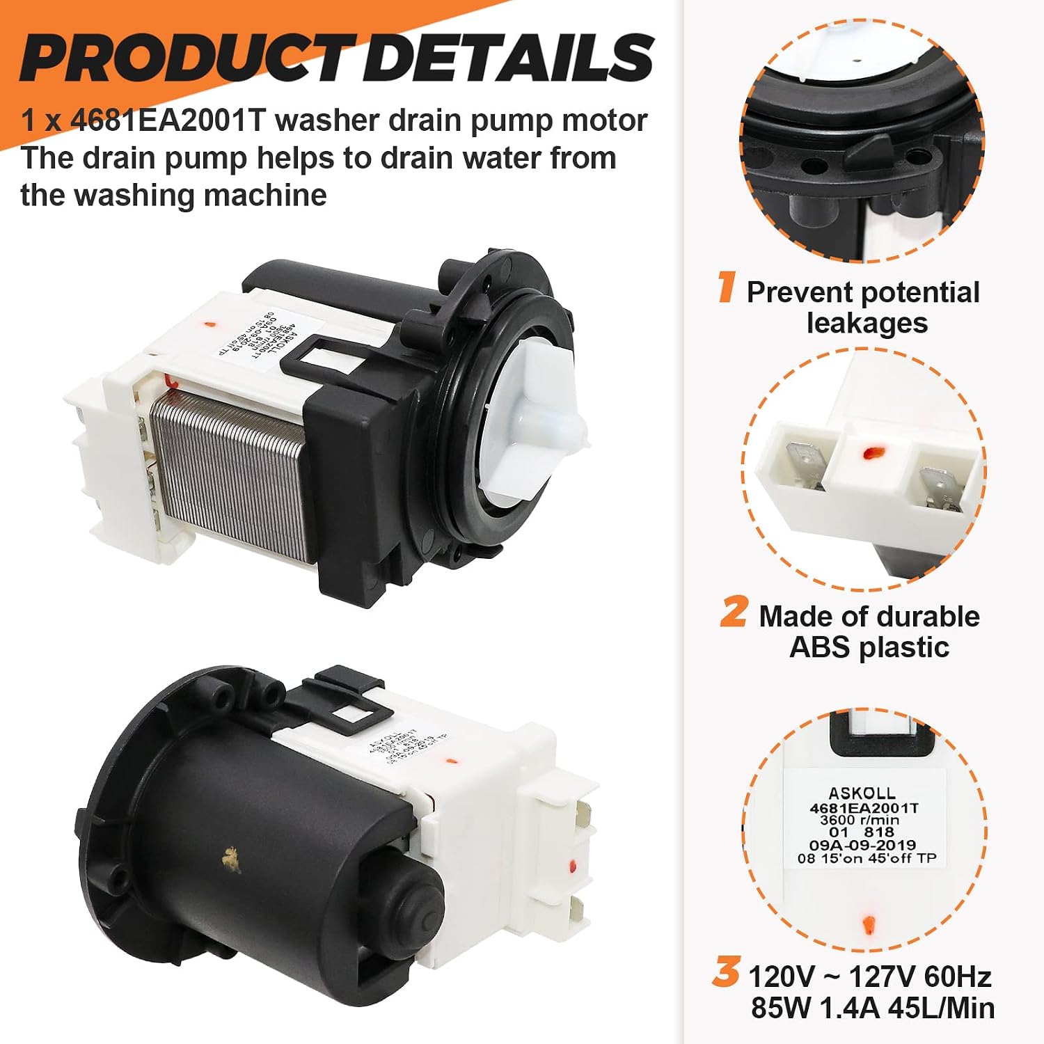 4681EA2001T Washer Drain Pump OEM Motor Replace for Kenmore & LG Washing Machine Replacement AP5328388 4681EA1007G 4681EA1007D Fit for Drain Pump