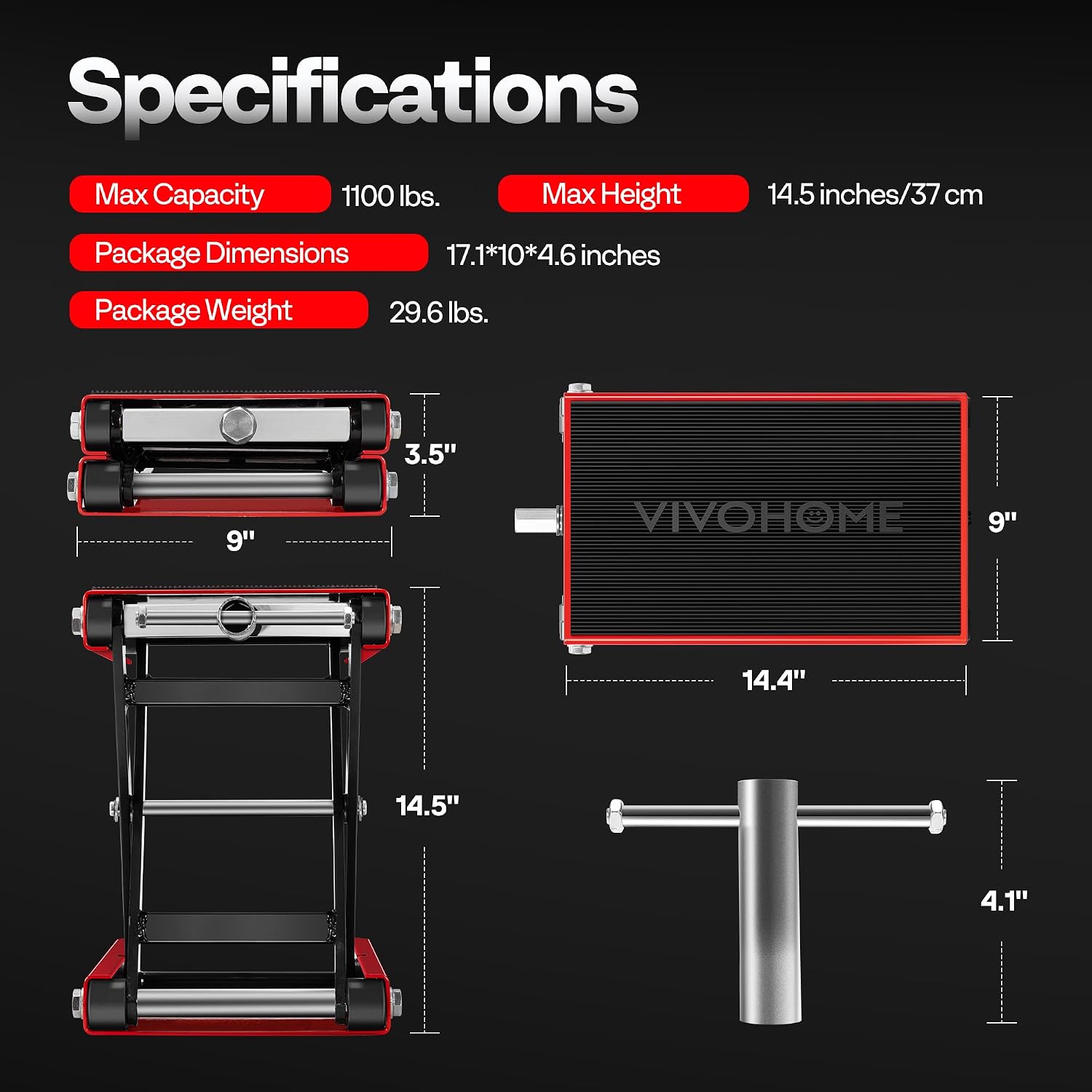 VIVOHOME 1100 LBS Motorcycle Lift Scissor Jack, Wide Deck Hoist Stand, Red | Height Adjustable Center Stand with Crank, Steel Lift for Cruiser, Dirt Bike, ATV